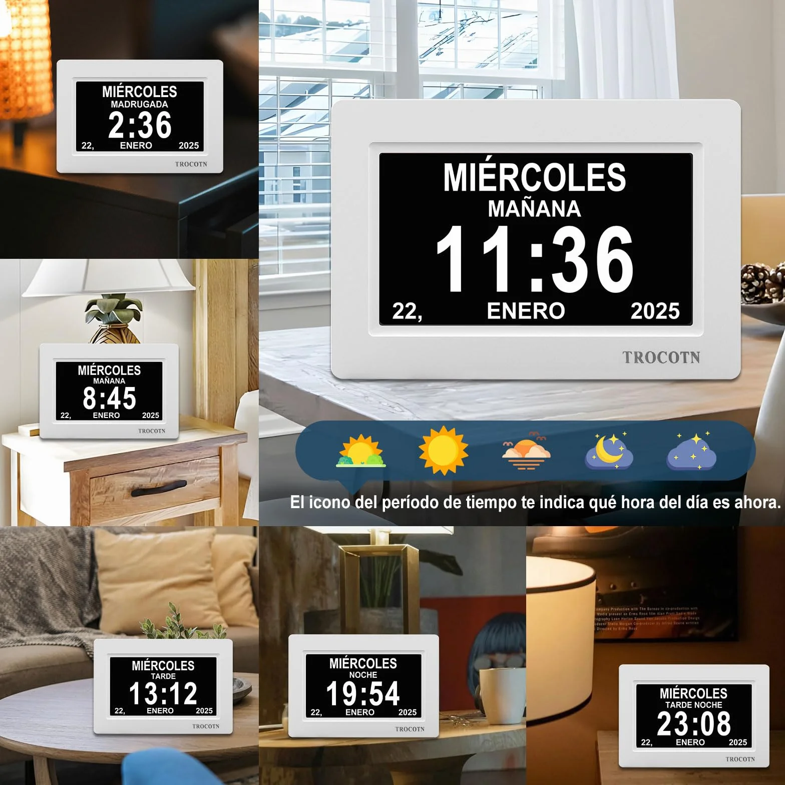 TROCOTN Reloj Digital de 7 Pulgadas, Calendario, Pantalla Grande, Despertador de Pared (Blanco)
