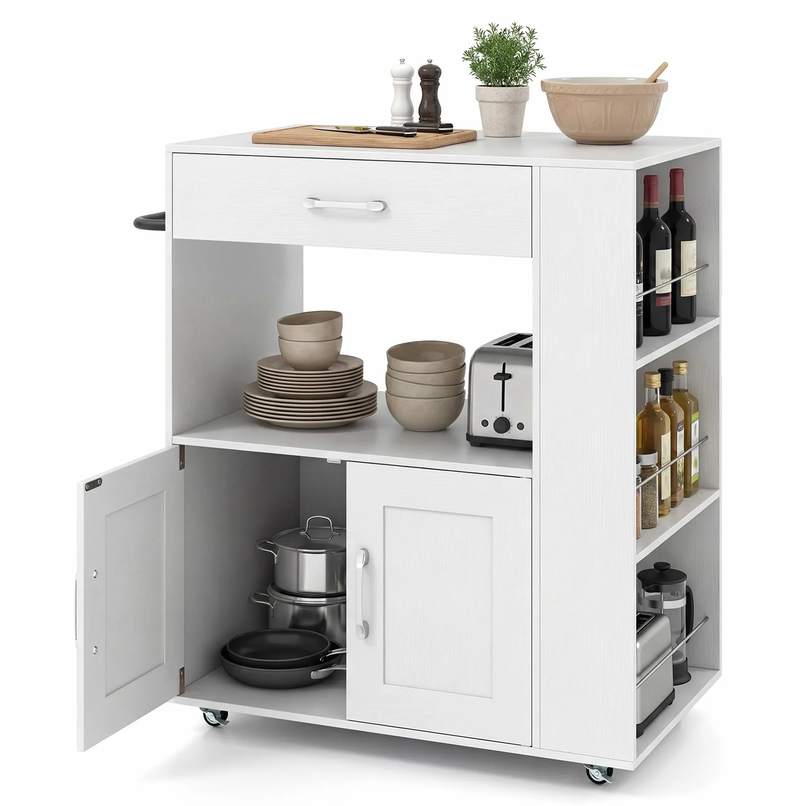 GIANTEX Carrito de cocina con ruedas, isla de cocina con encimera, isla de cocina móvil de madera, armario de cocina, carrito de servicio con cajón y 3 estantes, carrito de cocina (blanco completo)