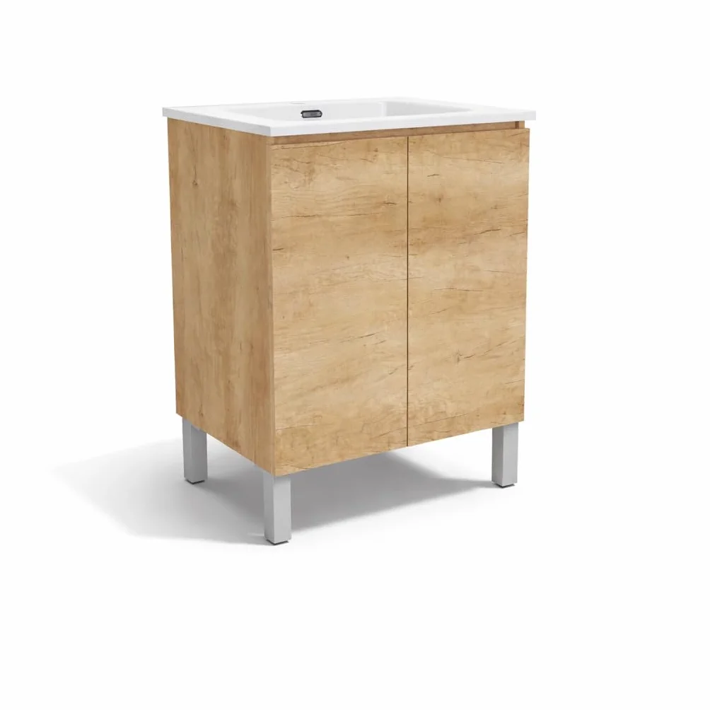 Baikal Mueble de Baño Nook. Mueble MONTADO. 60cm Nature 2 Puertas. Cierre Amortiguado. Patas Cromadas. Armario de Baño. Incluye Lavabo Ceramico