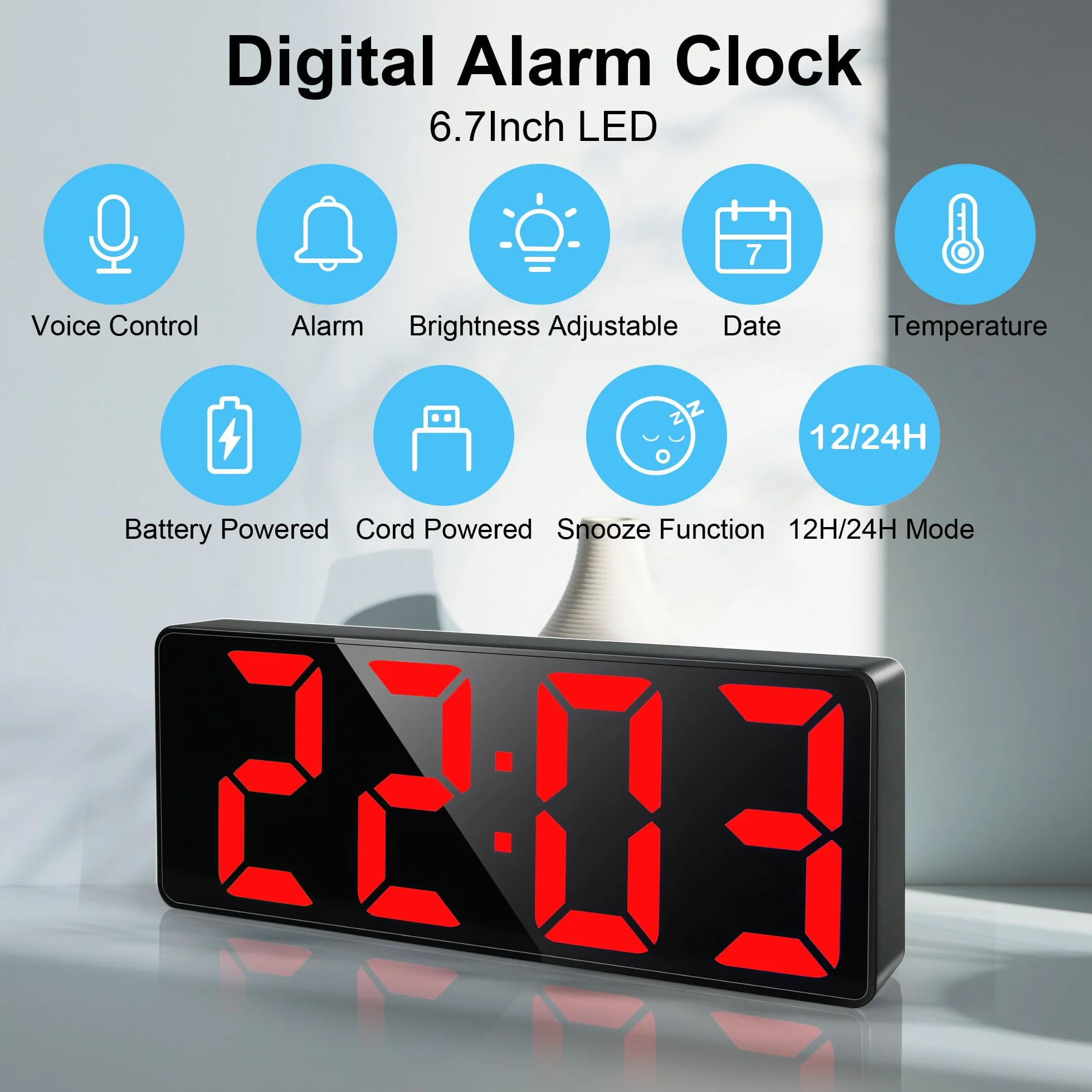 Lafocuse Reloj Despertador Digital, 6.7" LED Despertador Números Grande por USB/Batería con Temperatura, Fecha, Snooze, Brillo Ajustable, 12/24 Horas, Reloj Mesita de Noche Sobremesa, Rojo