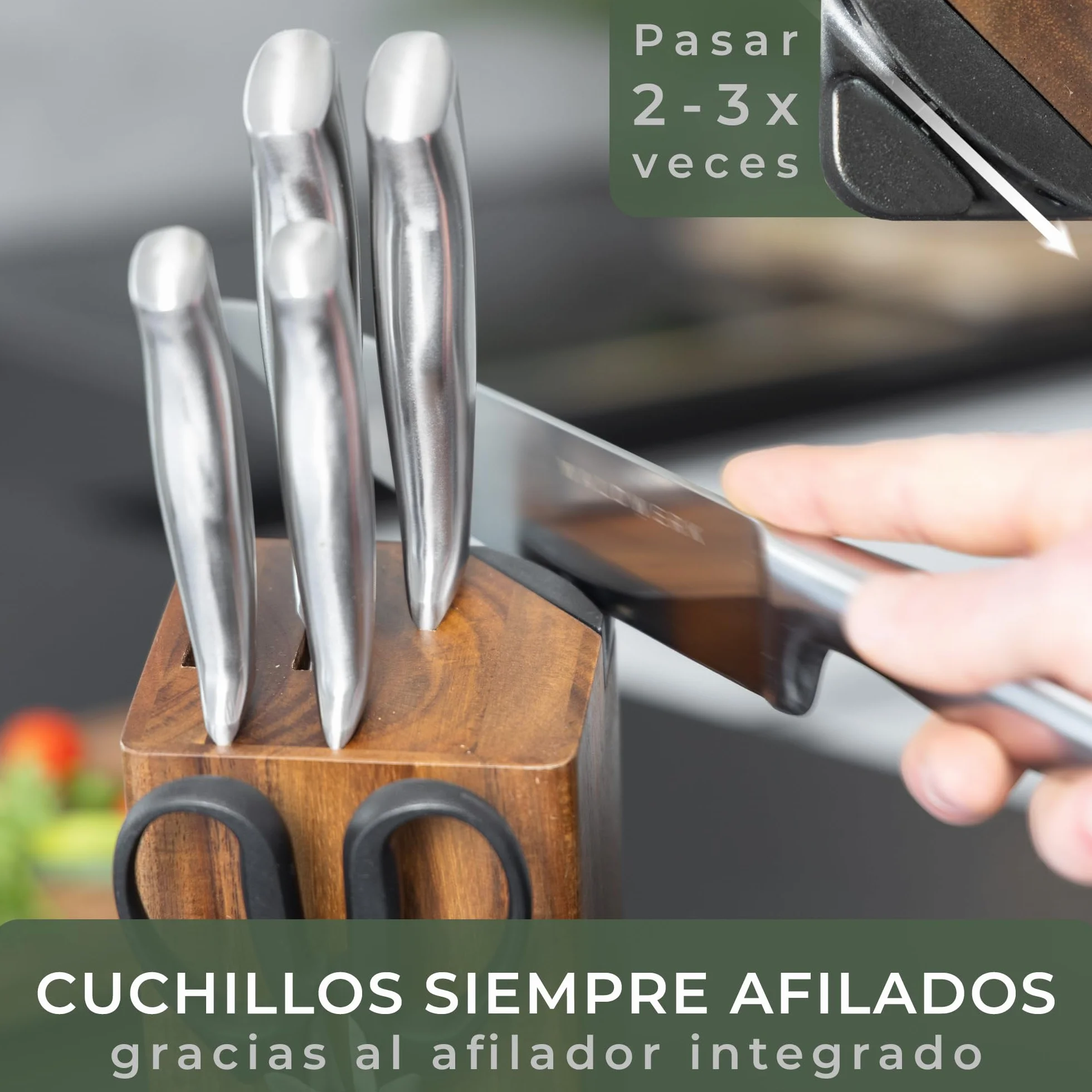 WALDWERK Juego de cuchillos de cocina de 7 piezas con bloque y afilador integrado