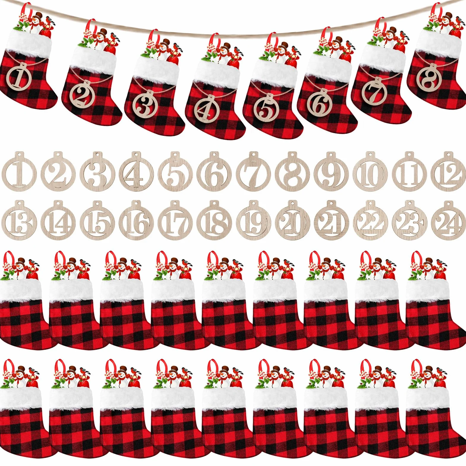 Calendario de Adviento de Navidad de 24 días con números, a cuadros, mini medias de Navidad, calendario de Adviento de madera, calendario de cuenta regresiva, bolsas de regalo para adultos