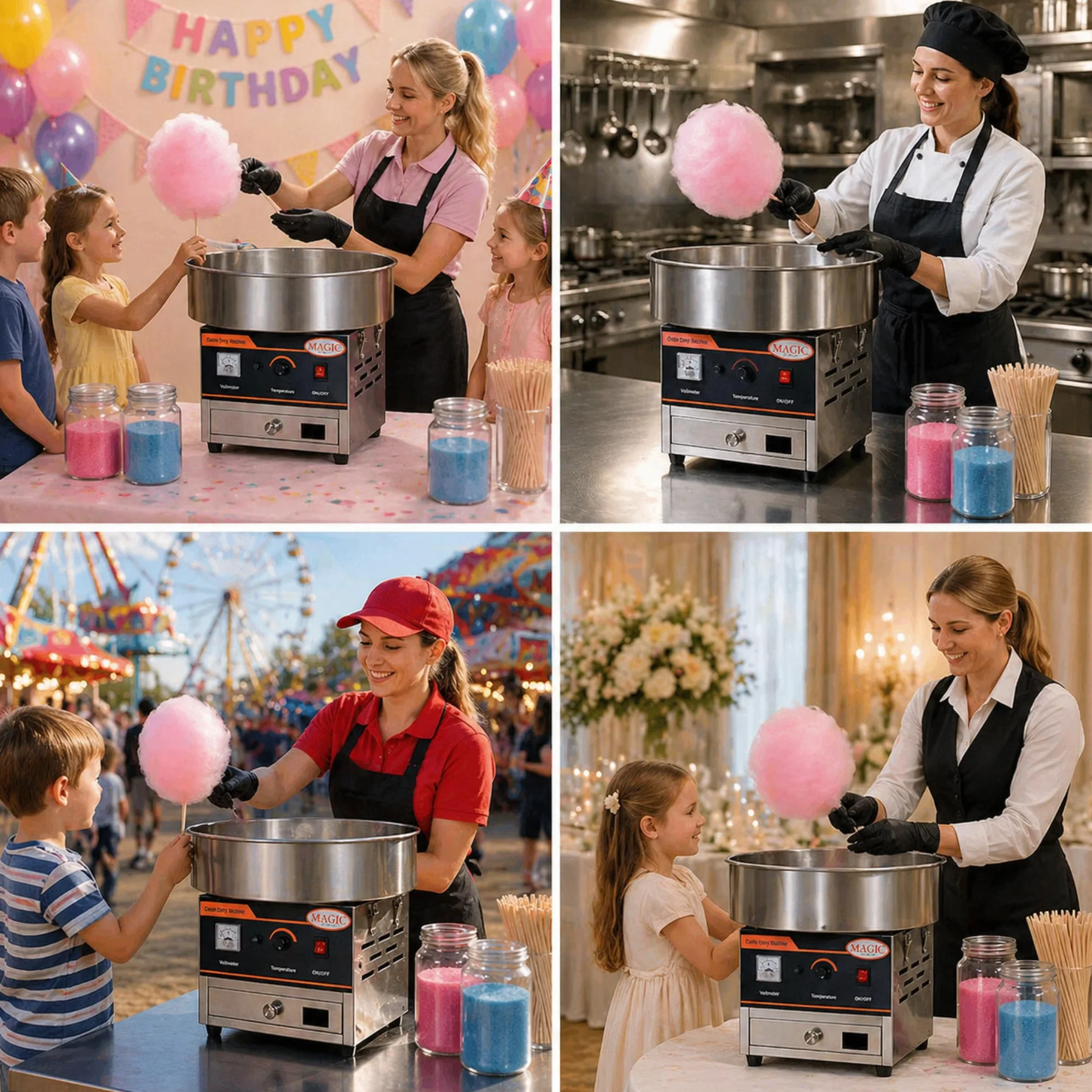 Máquina de Algodón de Azúcar Profesional 900W, Acero Inoxidable con Control de Temperatura, Calentamiento Rápido 2-3 Min, Incluye Paleta Dosificadora, para Eventos y Ferias. (52x52x43 cm)