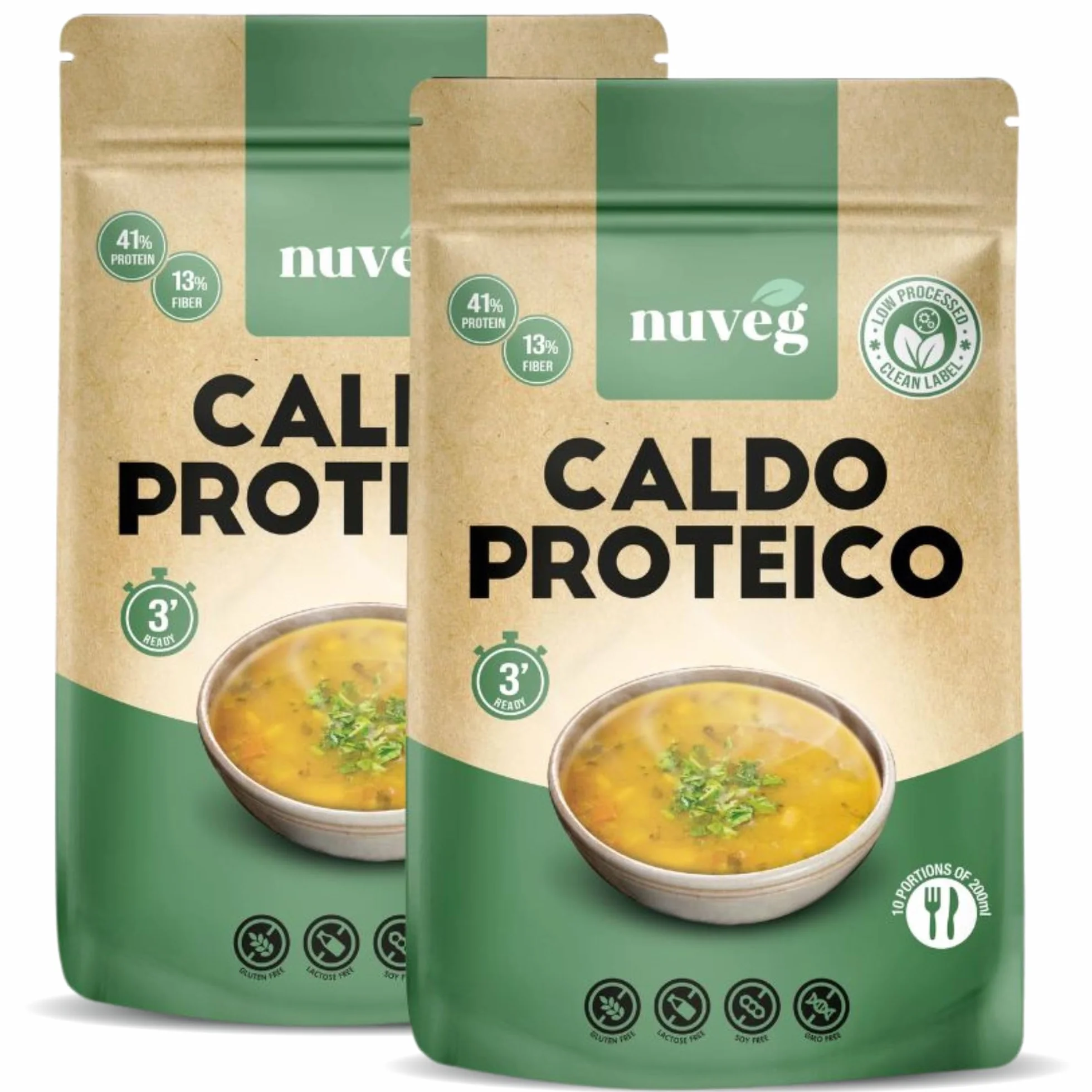 NUVEG Caldo Proteico en Polvo 41% Proteína 13% Fibra Sin Gluten Sin Lactosa Vegano Pack 2 400g