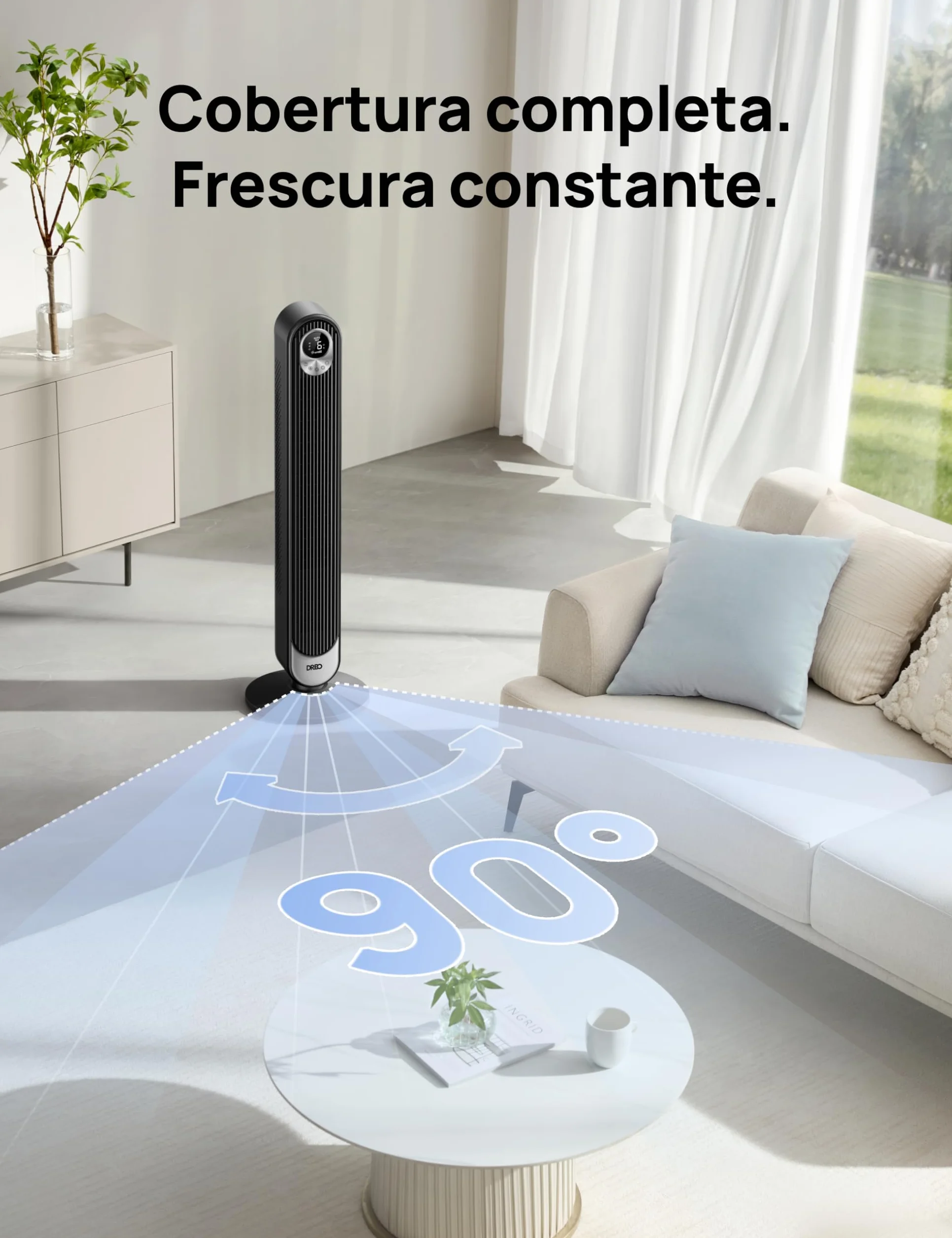Dreo Cruiser Pro T1 Ventilador de Torre 106 cm 28dB 8,53 m/s 9 Velocidades 90° Oscilante 4 Modos Temporizador 12h