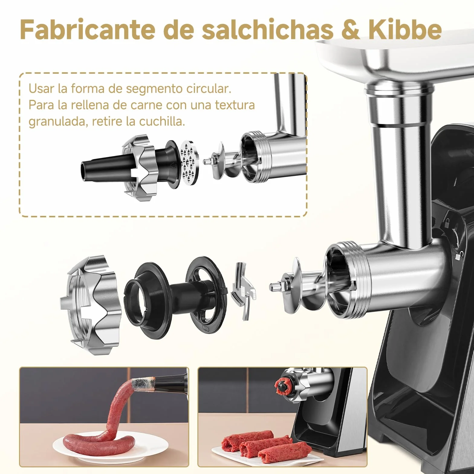 AAOBOSI Picadora De Carne, 3-EN-1 Picadora De Carne Eléctrica [3000w Max] Con 2 Cuchillas, 3 Placas De Corte De Acero Inoxidable, 1 Tubo Para Rellenar Salchichas, 1 Kit Kubbe