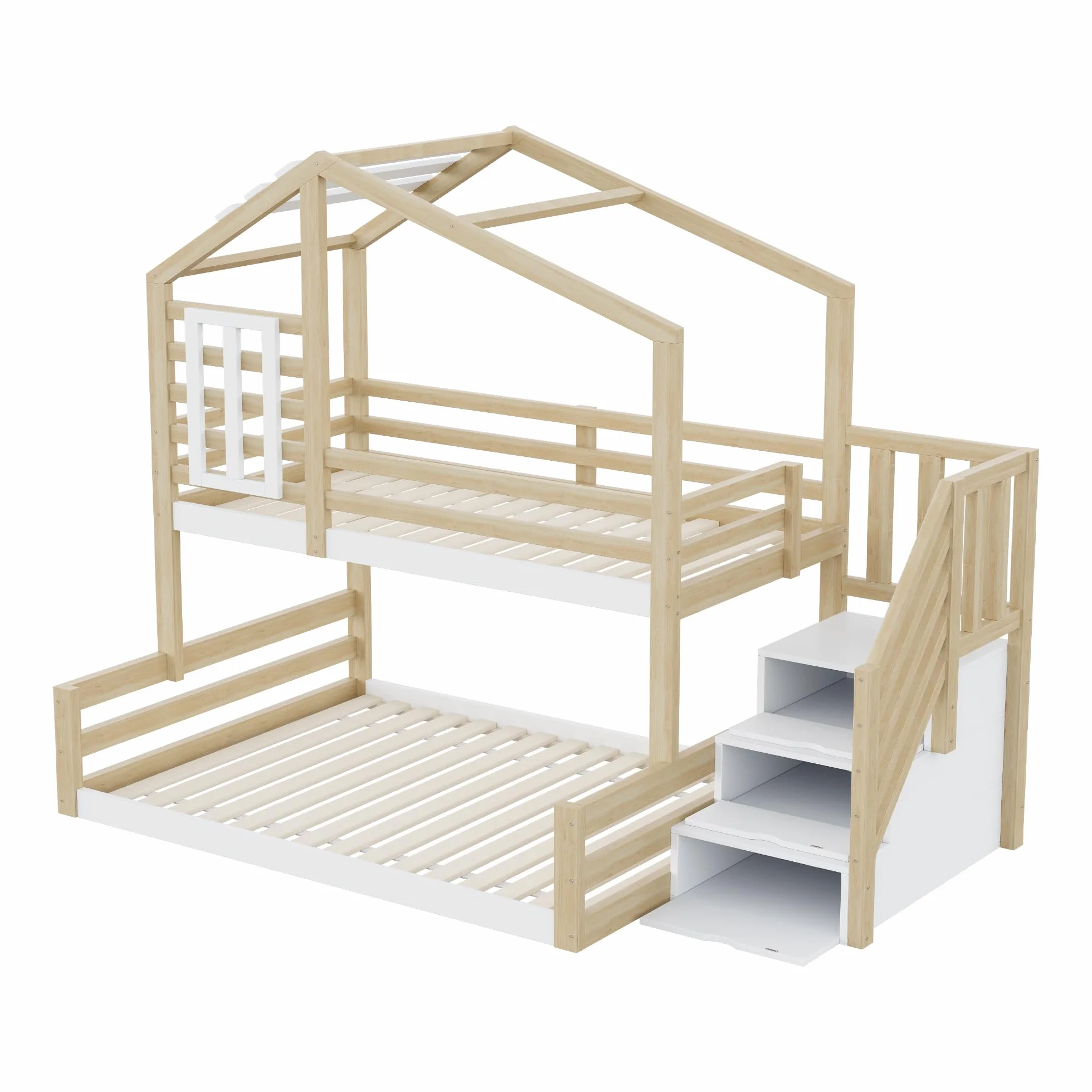 LAKFEW Litera 90(140)x200 cm con Escalera Almacenaje y Diseño de Techo, Cama Infantil para 2 Niños, Cama Litera Matrimonio con Barandilla Anticaída y Ventana, Literas Infantiles, Natural, Sin Colchón