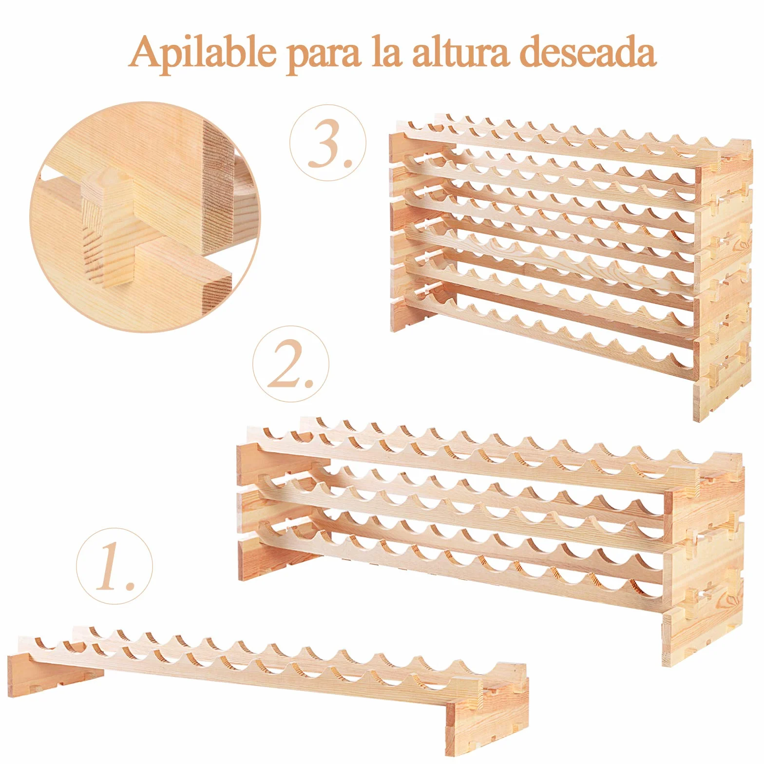COSTWAY Botellero Vino de 6 Niveles, Botellero Apilable para 72 Botellas de Madera de Pino, Soporte para Botellas de Vino con 6 Opciones de Altura, Carca máx 90kg, para Cocina y Bar, 119 x 29 x 72 cm
