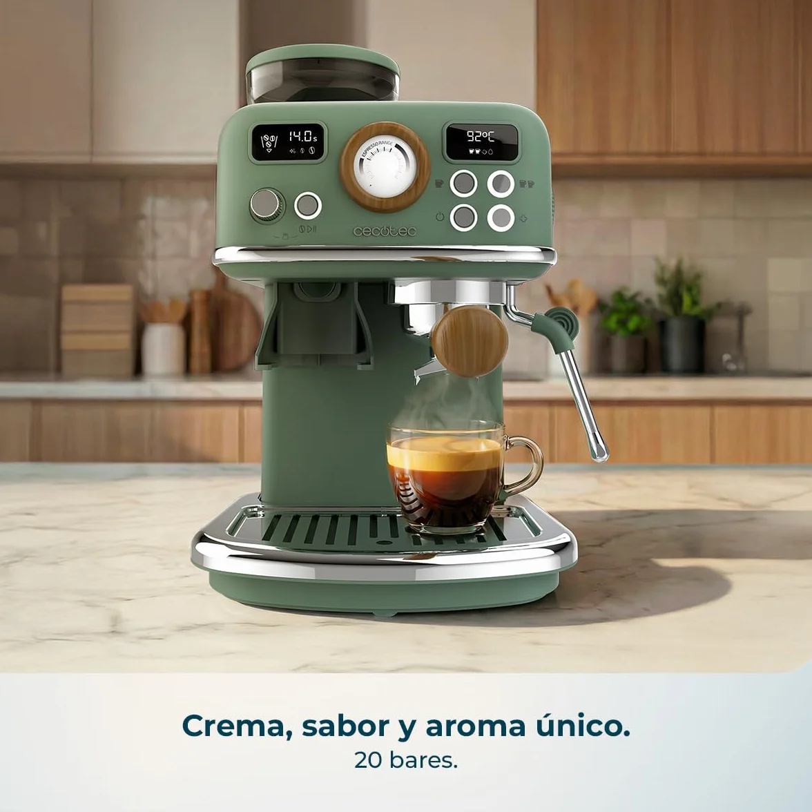 Cecotec Cafetera Express Manual Power Espresso 20 Tradizionale Grind. 1500W, Molinillo 20 Niveles, 20 Bares, PID, Thermoblock, Steamer, Cold Brew, Café Recién Molido con Crema Perfecta