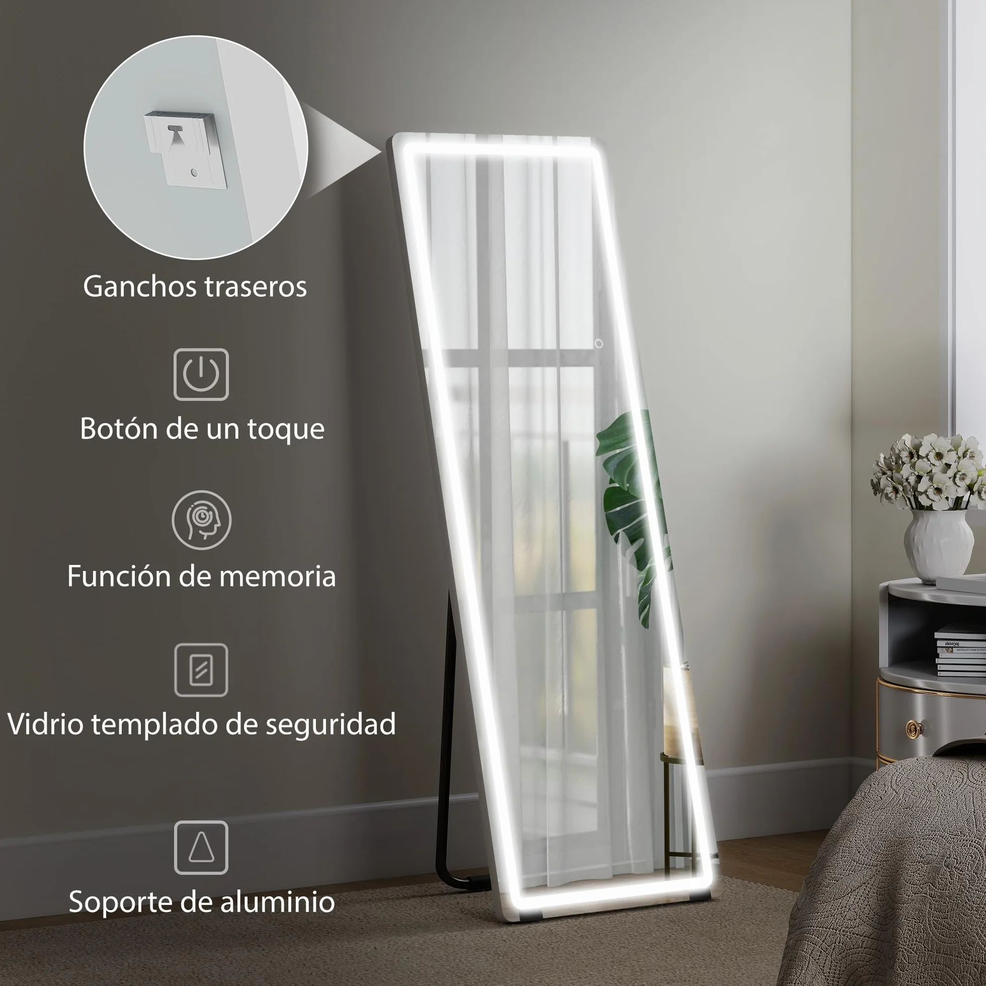 HOMCOM Espejo de Pie Cuerpo Entero con Luces, 150x50 cm, Espejo de Cuerpo Entero sin Marco, 3 Temperaturas de Color, Brillo Ajustable, Independiente, Apoyado y de Pared, para Dormitorio, Transparente