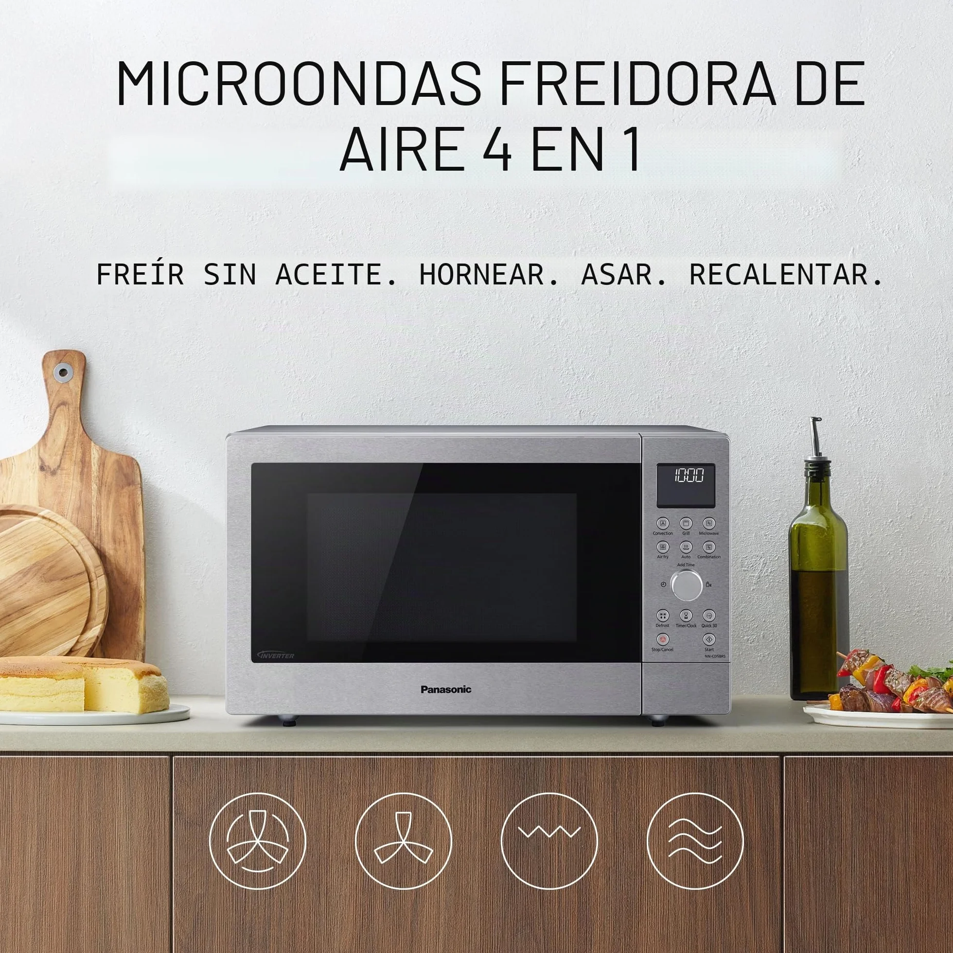 Panasonic NN-CD58RSEPG Horno Microondas Combinado 4 en 1 de 27 L con Freidora De Aire, Inverter de 1000 W, Grill de 1300 W, Convección, 19 Programas Automáticos, Acero iInoxidable