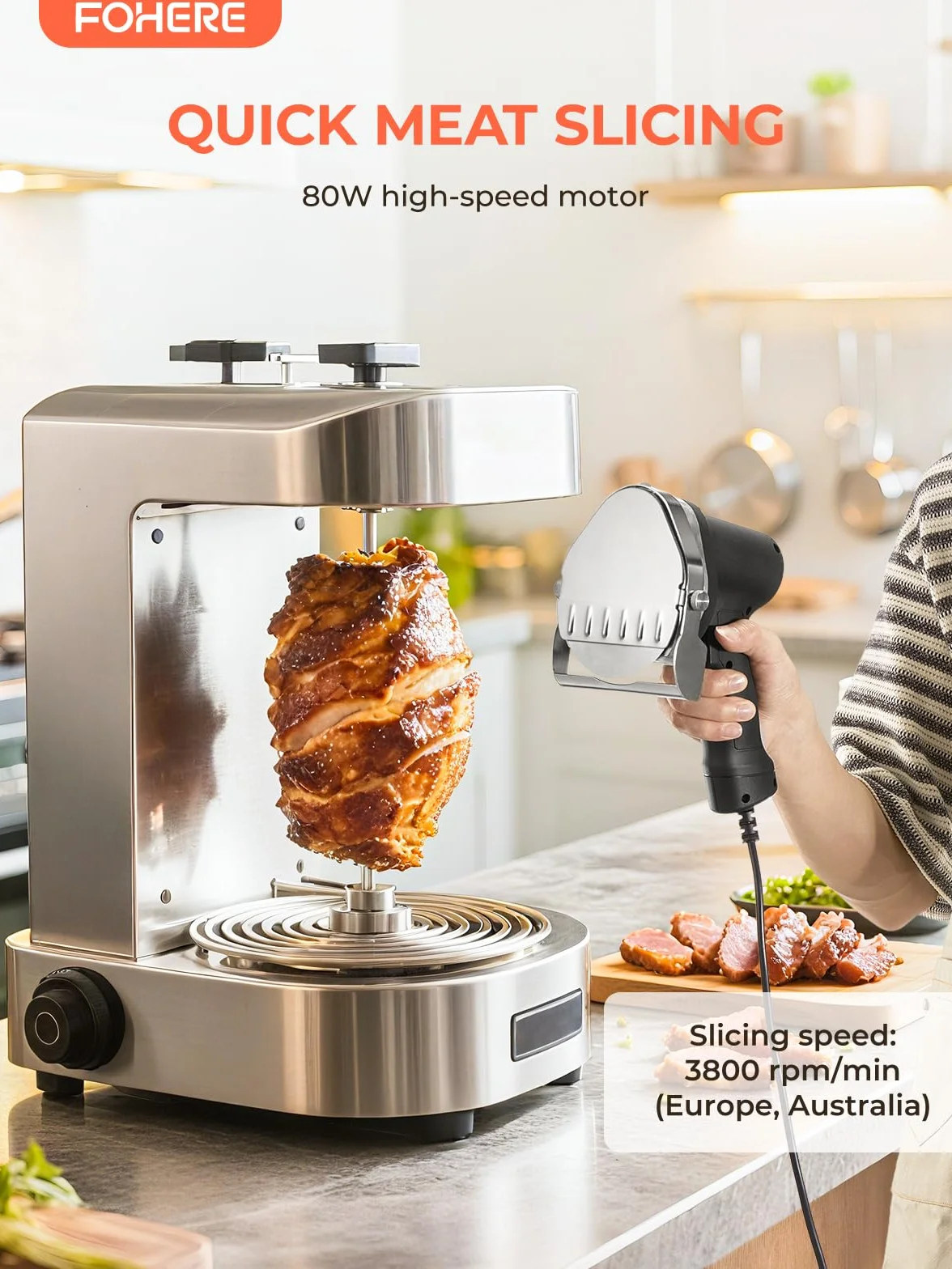 FOHERE Cortadora De Kebab Eléctrica, Cortadora De Shawarma De 80W con 2 Cuchillas, Máquina De Cuchillas Ajustable De 0-8 Mm De Grosor, para Kebab Turco Y Cordero, para Restaurante, Snack-Bar