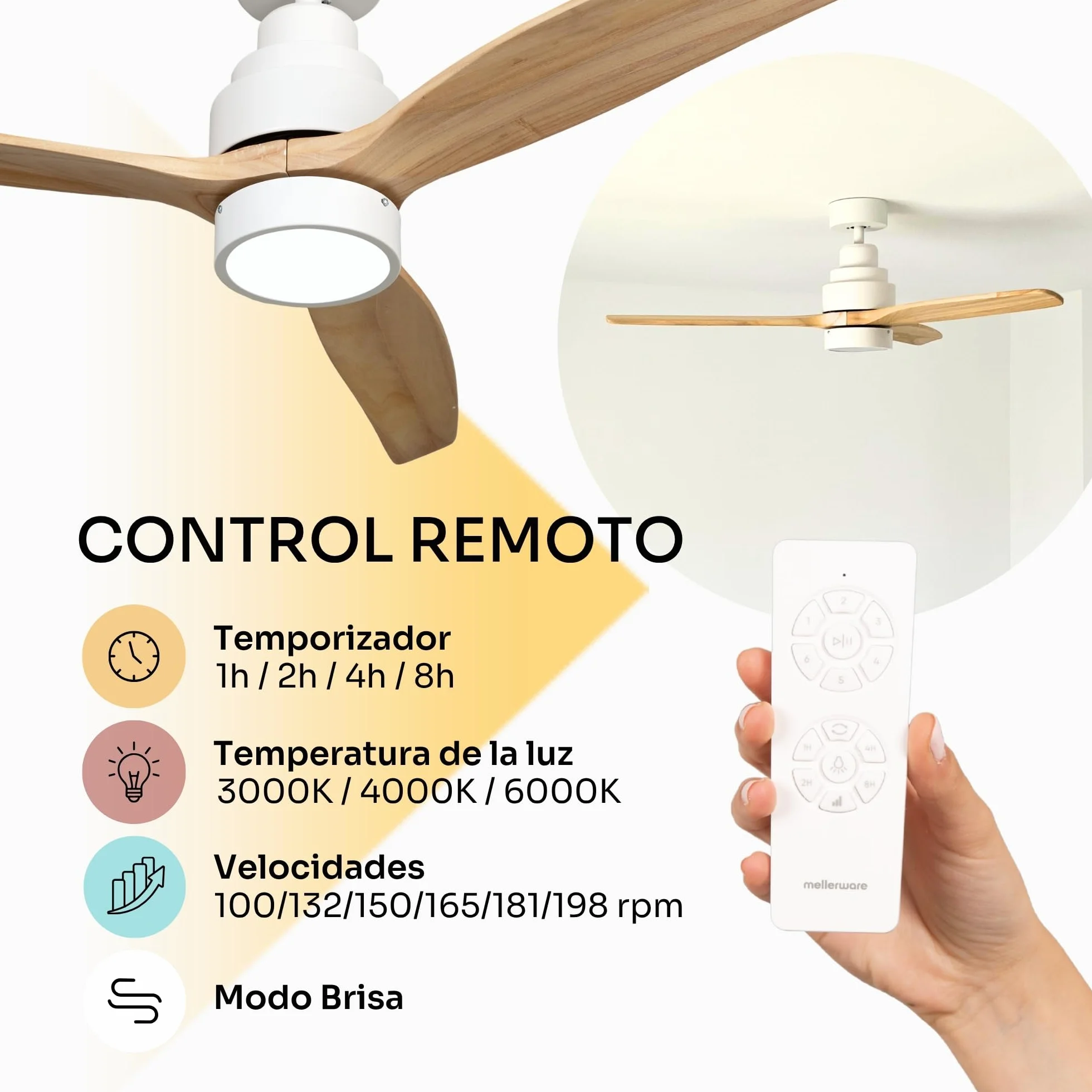 Ventilador de Techo Mellerware Brizy Bright 30W 6 Velocidades Ultra Silencioso 132cm LED Mando a Distancia