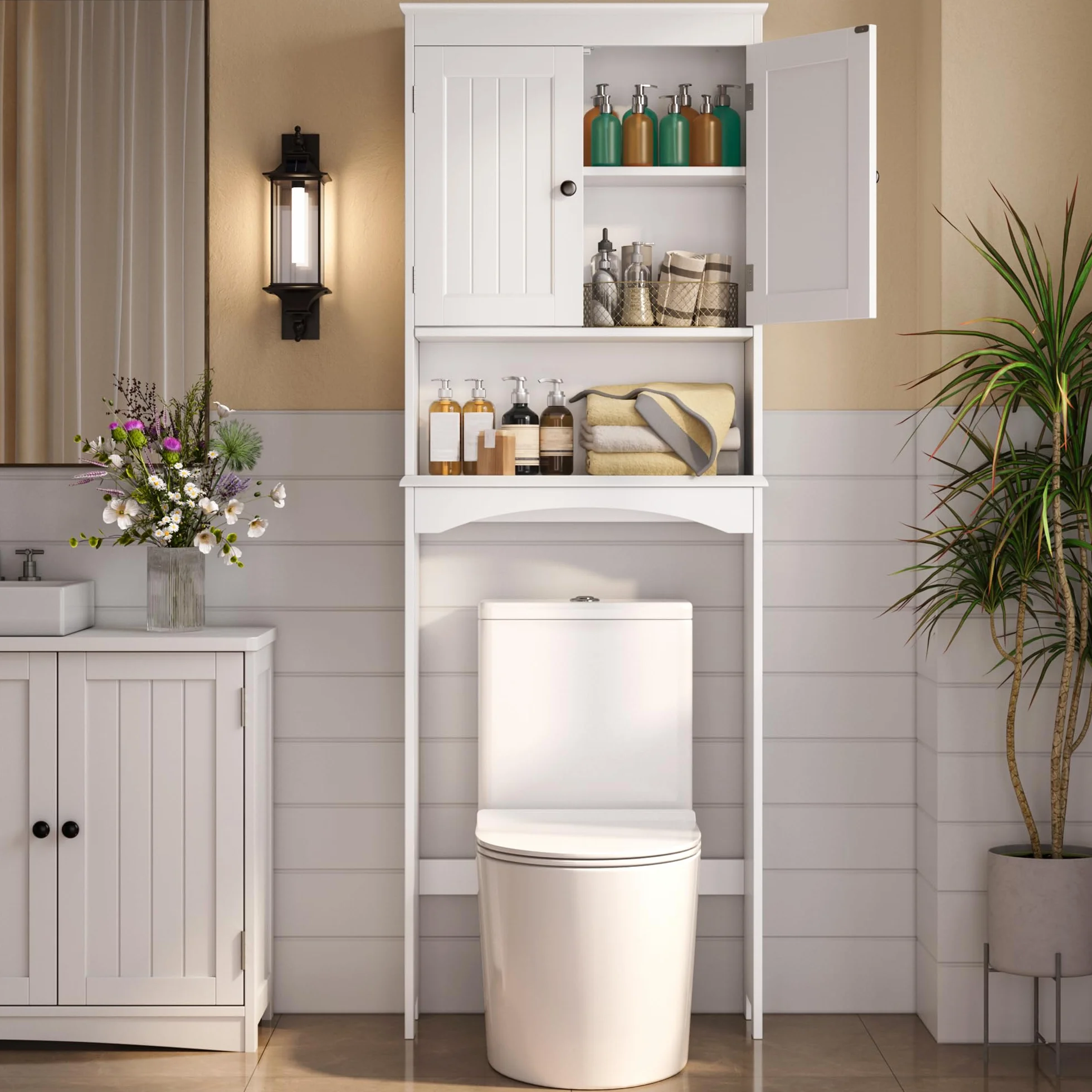 Estantería sobre Inodoro Mueble de Baño con Puertas Estantes Regulables 60x24x168 cm Blanco