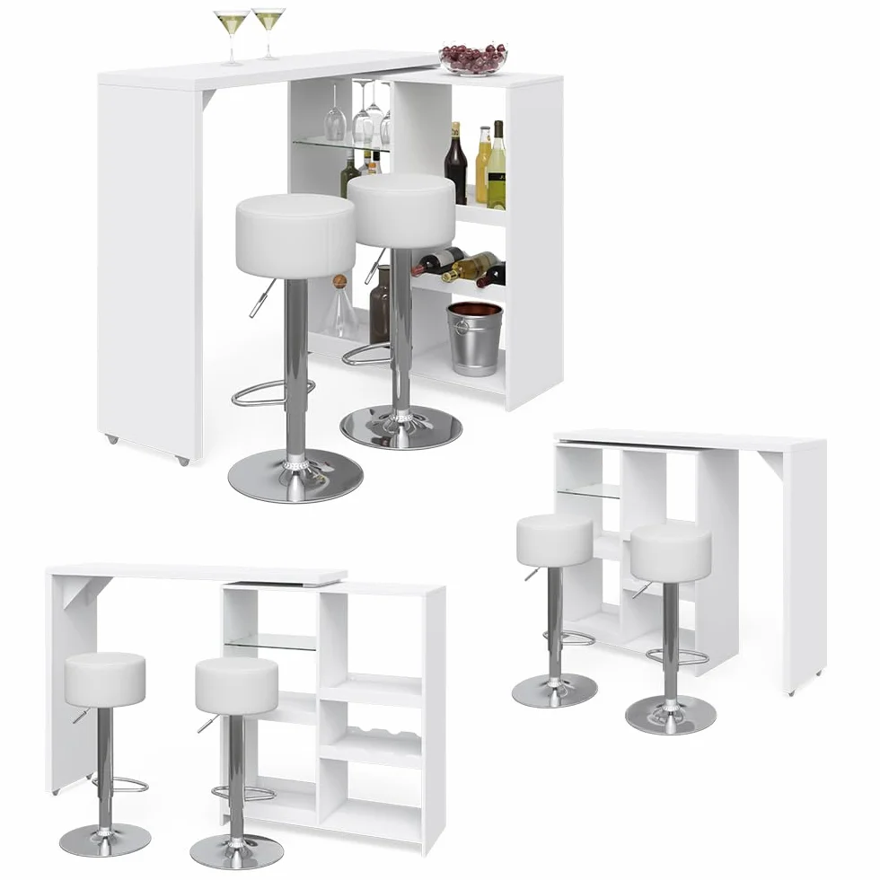 Vicco Set de Mesa de Bar Vega, Blanco, 138 x 39 cm con 2 taburetes de Bar, Plegable con estantes Abiertos para Almacenamiento