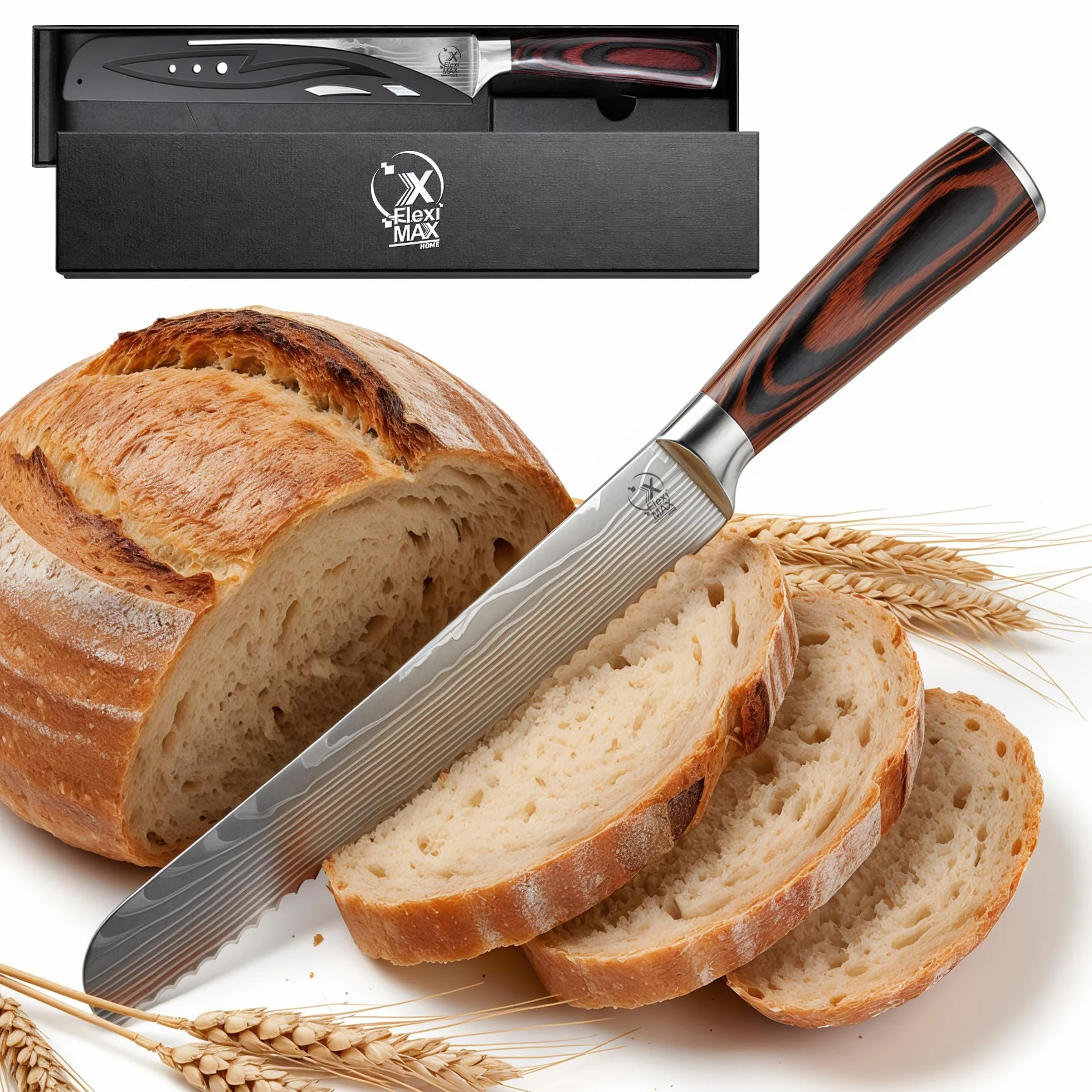Cuchillo de Pan Profesional 20 cm Cuchillo de Sierra para Pan Crujiente y Baguette Cuchillo de Cocina de Acero Inoxidable con Mango de Madera Ergonómico Cuchillos cocina Profesional