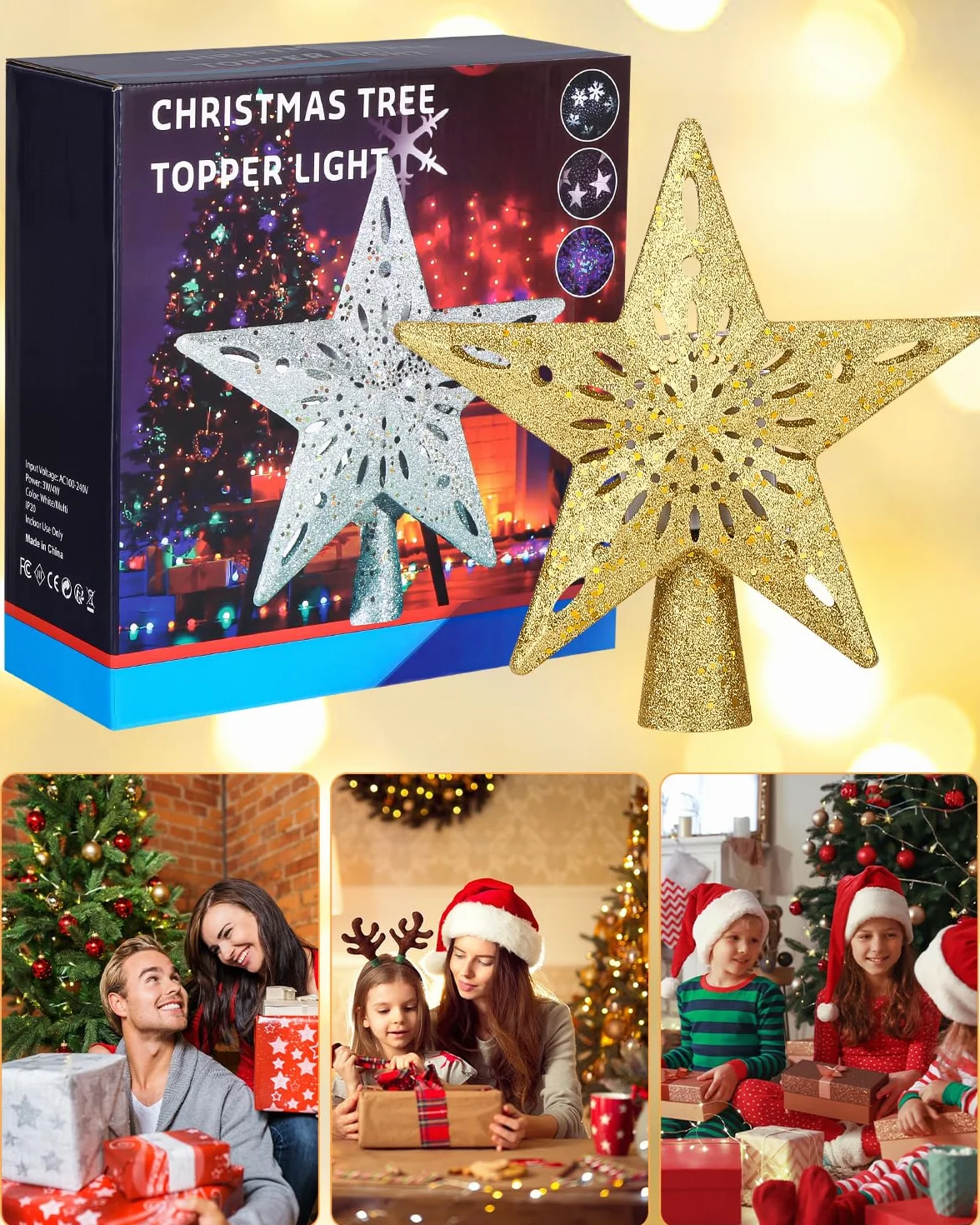 Estrella Proyector LED Topper Árbol Navidad Oro 3D Brillo
