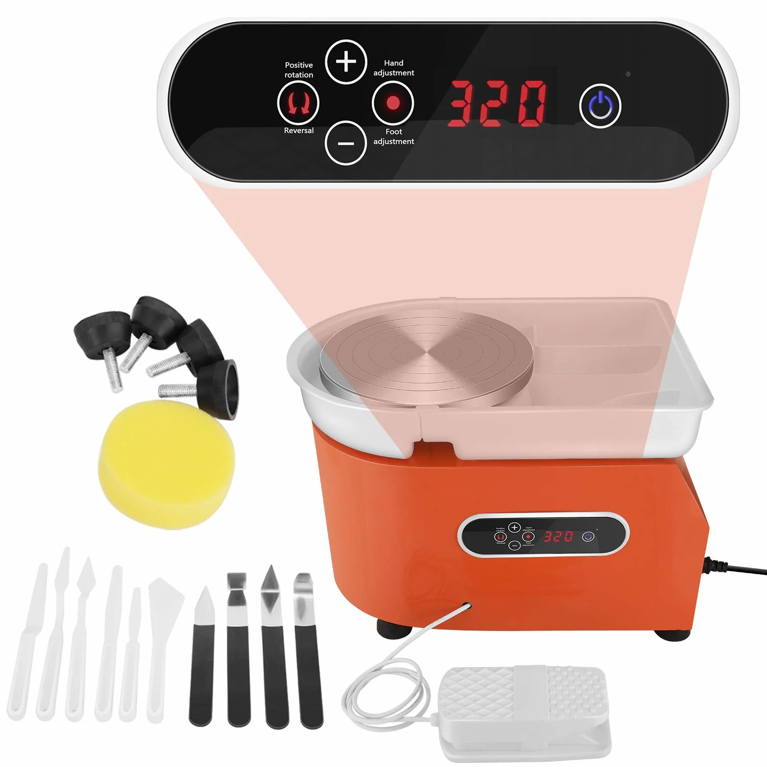 350W Rueda de Cerámica Eléctrica Naranja con Pantalla LCD 25CM Máquina Cerámica Trabajo Profesional para Bricolaje de Cerámica Pottery Wheel Machine Trabajos de Cerámica con Kit