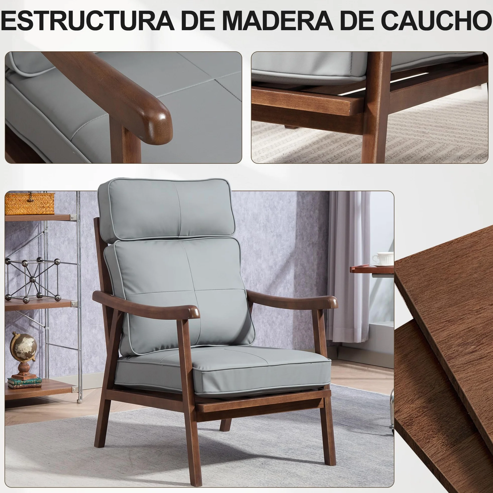 HOMCOM Butaca de Salón Sillón de Salón Tapizado en PU con Marco de Madera Cojines Acolchados Gruesos Respaldo Alto Carga 150 kg Sillón Lectura para Sala de Estar Dormitorio Gris y Madera Nogal