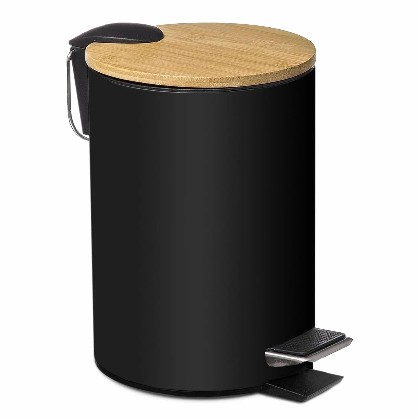 Papelera de Metal con Tapa de Bambu 3L 17x22.5x23.5 cm Cubo de Basura Pequeño con Pedal Negro