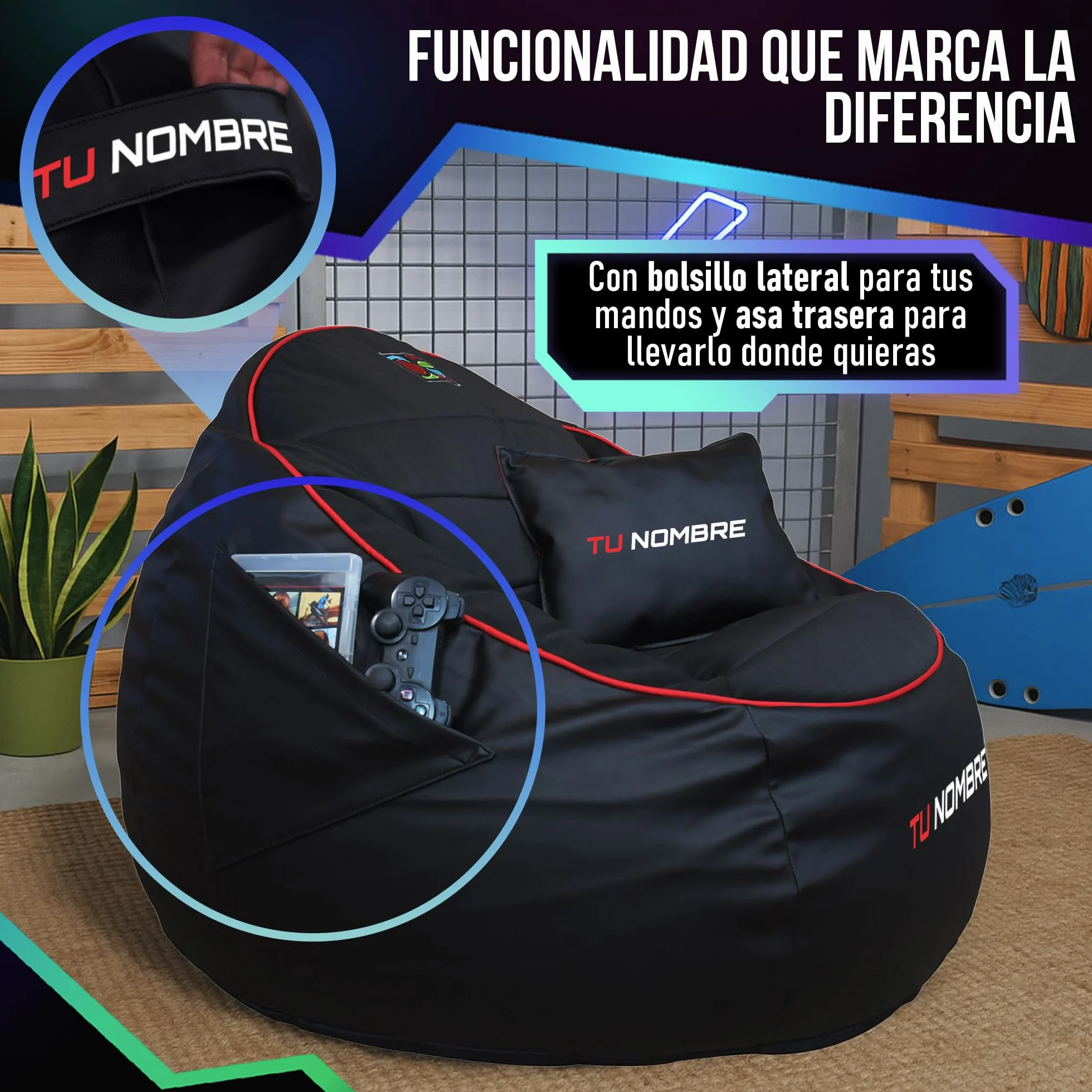 DECORESTOR Puff Gamer Personalizado con Nombre - Relleno y Respaldo Incluidos - Bean Bag XXL Gigante - Regalo para Niños y Adultos - 100% Polipiel