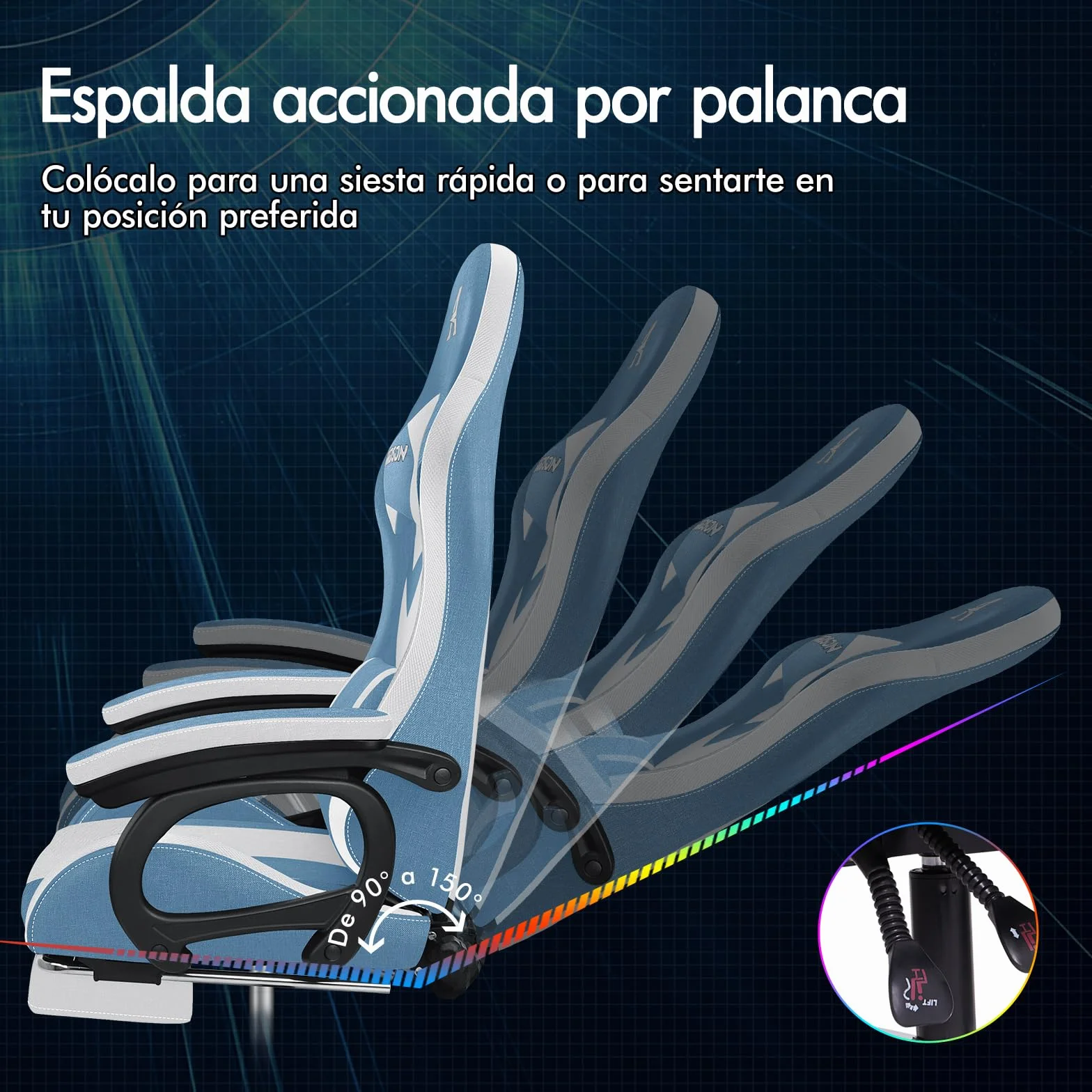 ALFORDSON Silla Gaming Ergonómica con Masaje y LED, Reposapiés Telescópico, Cojín Lumbar y Cervical, Azul y Blanca