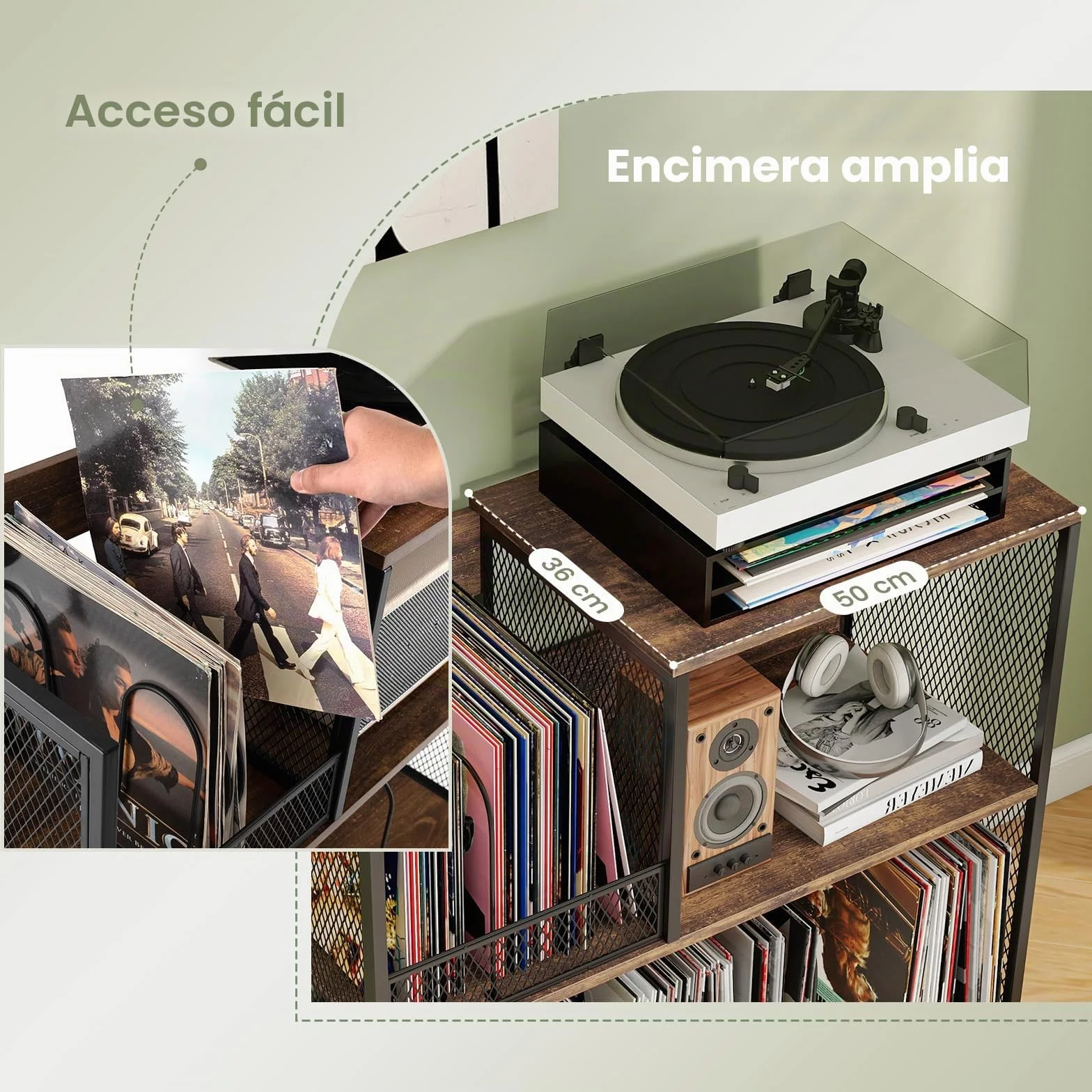 KOMFOTTEU Soporte para Tocadiscos de 3 Niveles, Mesa Auxiliar para hasta 300 Álbumes, Mueble para Tocadiscos con 3 Divisores Extraíbles, Marco de Metal, para Salón, Dormitorio