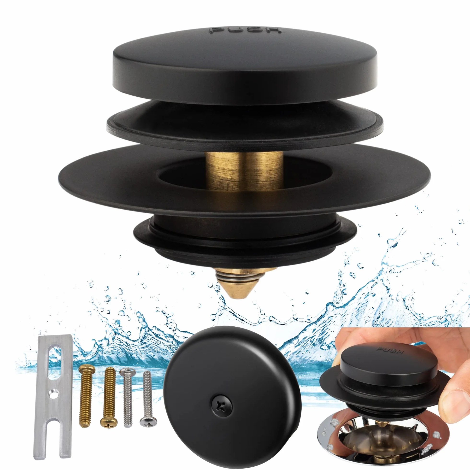 Artiwell EZ - Kit de conversión universal para bañera con punta de drenaje de bañera con 1 agujero y tapón de bañera emergente, color negro mate
