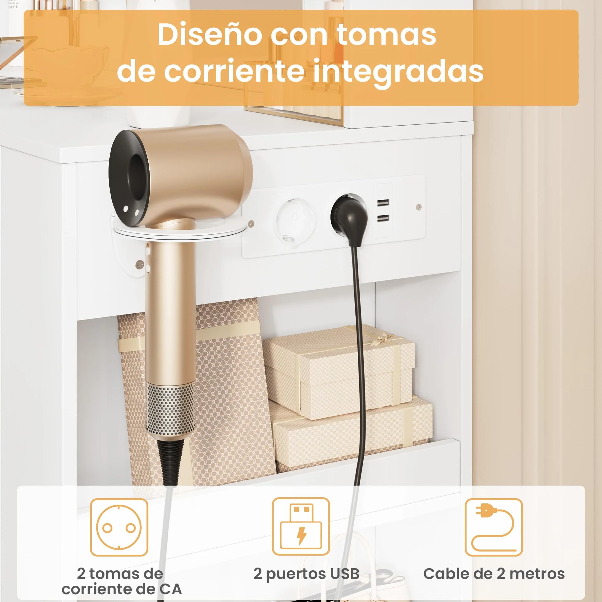 Tocador con Espejo y 10 Luces LED, 3 Estantes, 4 Compartimentos, 5 Cajones, 3 Luces Ajustables, Blanco
