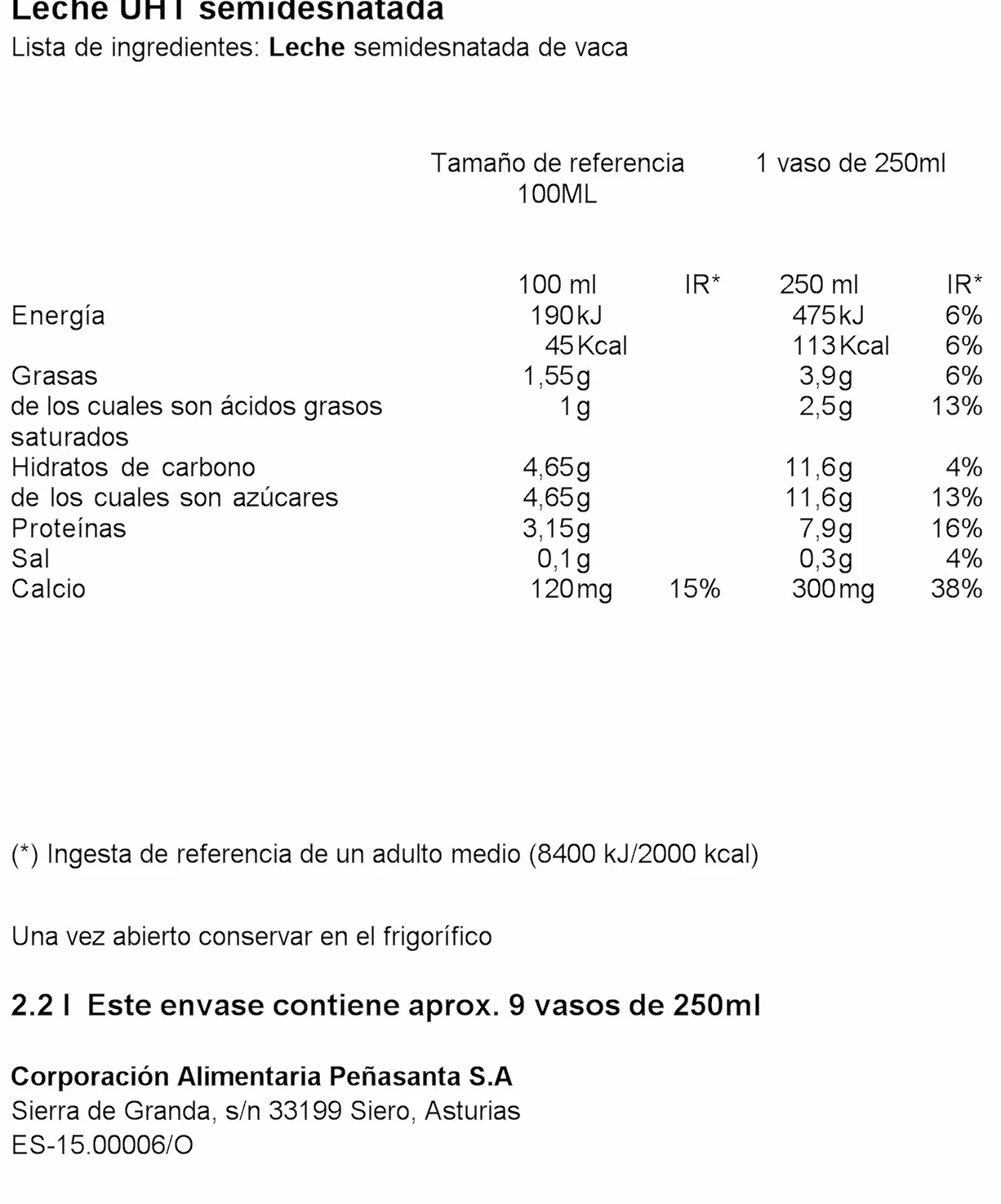 Central Lechera Asturiana Leche Semidesnatada 2.2L