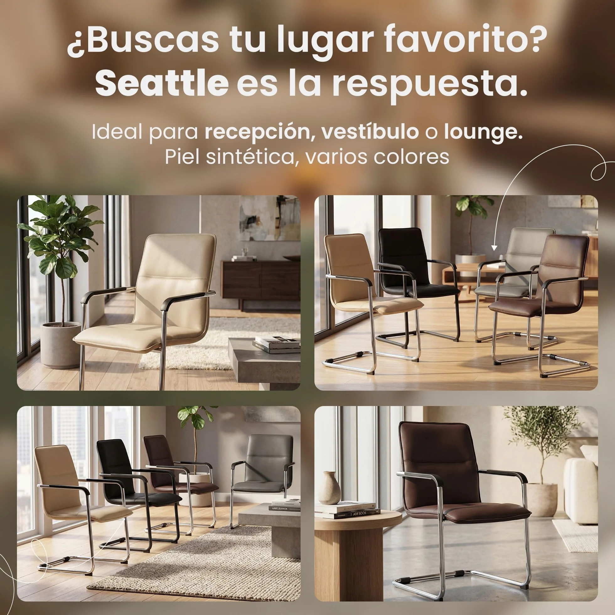 CLP Silla voladiza Seattle con reposabrazos, Silla de Comedor Moderna tapizada en Piel Sintetica, Estructura Metalica Efecto Cromo, Color:Negro