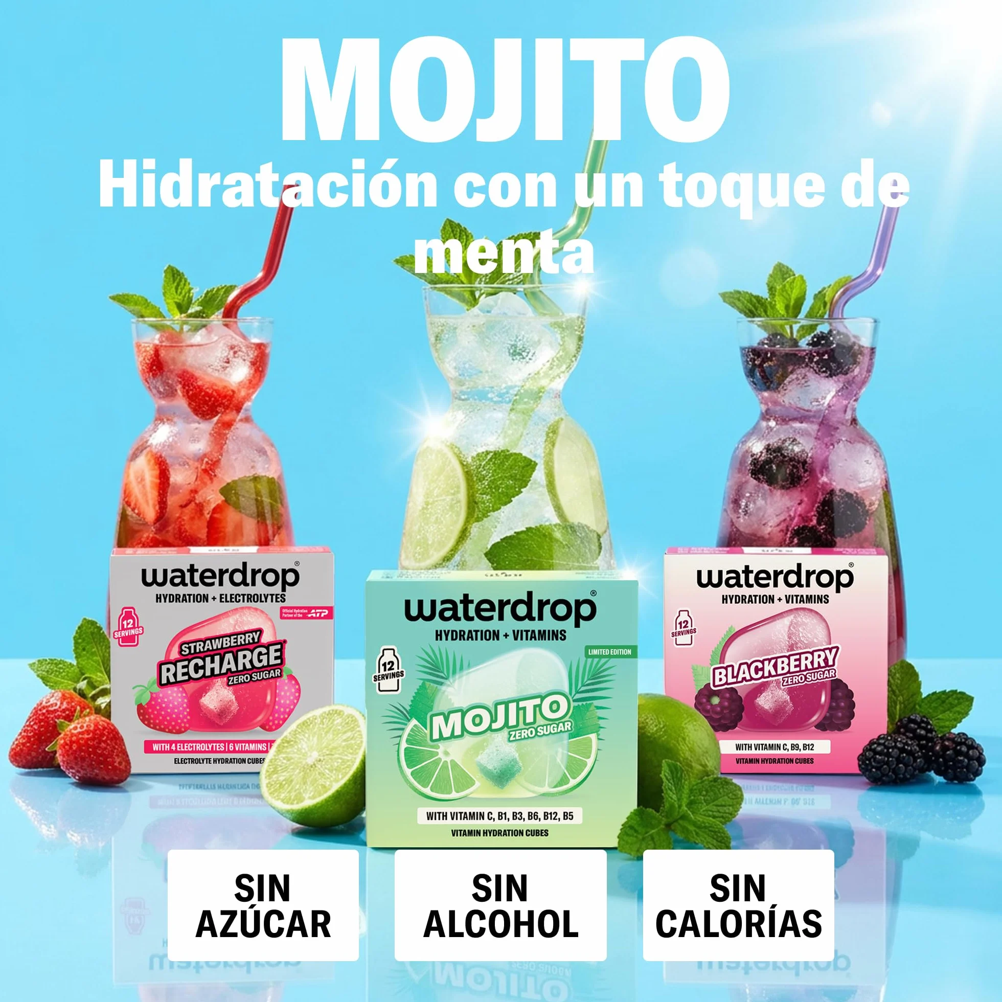 Waterdrop Set Mojito Fresa y Mora 36 Cubitos Saborizantes Agua Electrolitos Sin Azúcar Magnesio Vitaminas