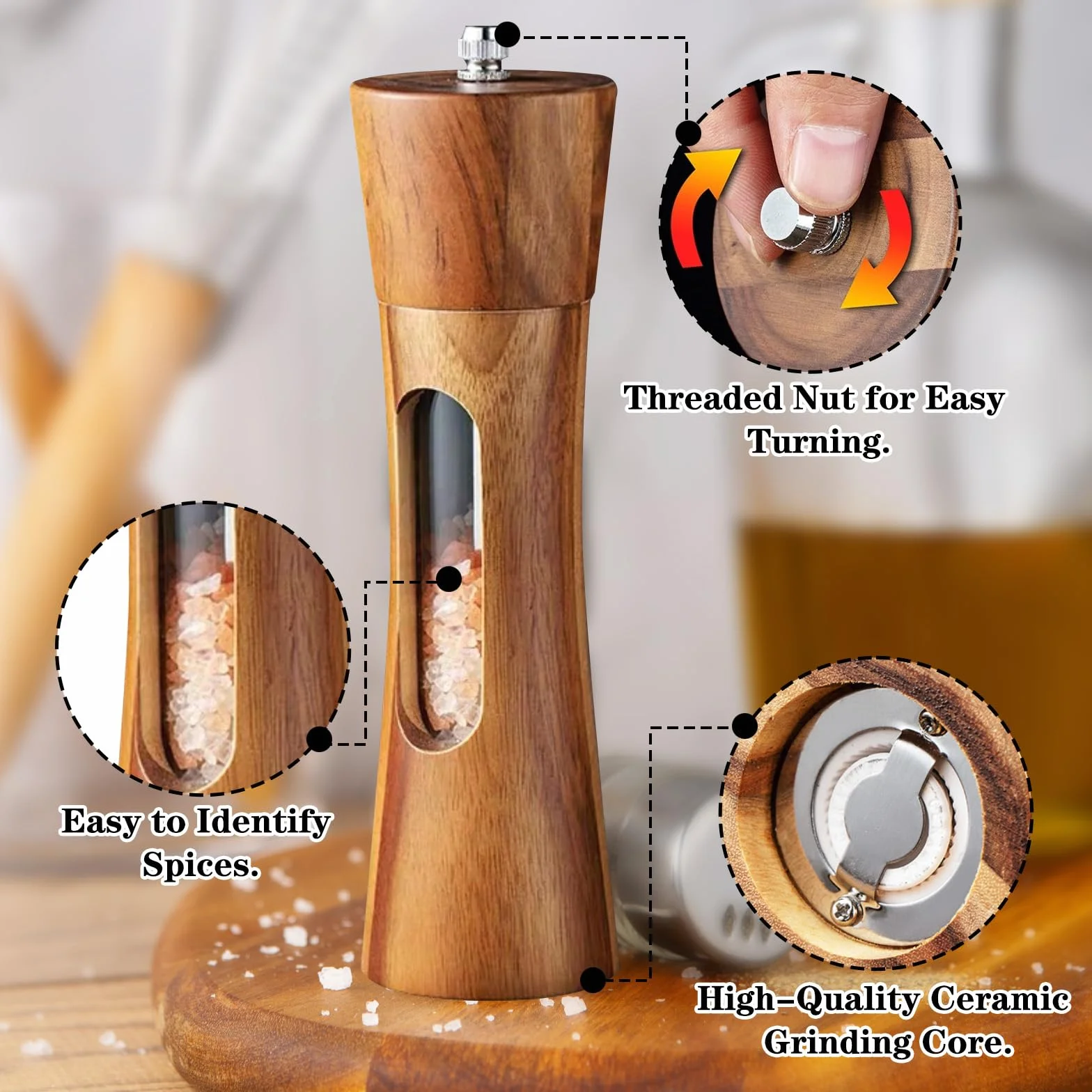 Molinillo de Pimienta de Madera con Ventana Acrílica, Molinillo de Sal de Cerámica Ajustable, 2 Piezas