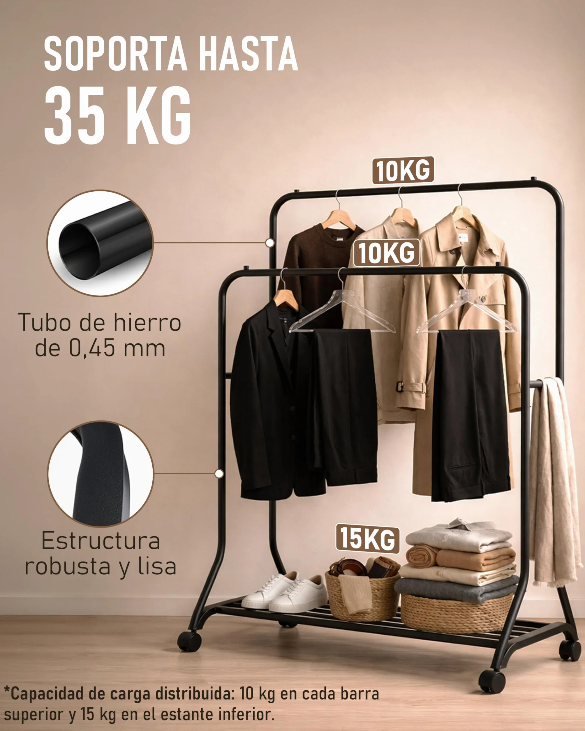 Perchero Metálico para Ropa con Ruedas 2 Niveles y Base Inferior Negro