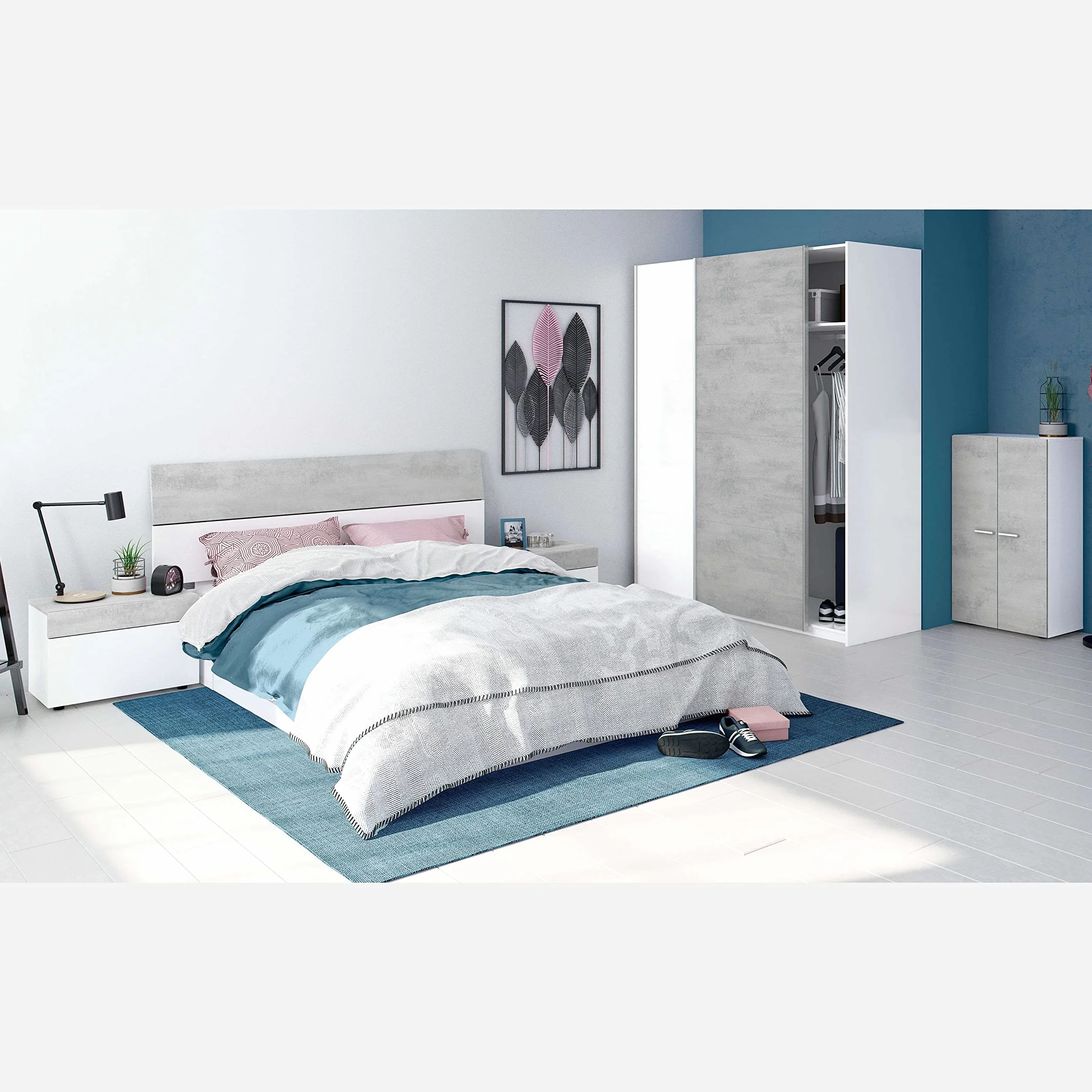 Miroytengo Conjunto Dormitorio Completo Habitación Principal Color Blanco Artik y Cemento (cabecero + 2 mesitas + Armario + Zapatero)