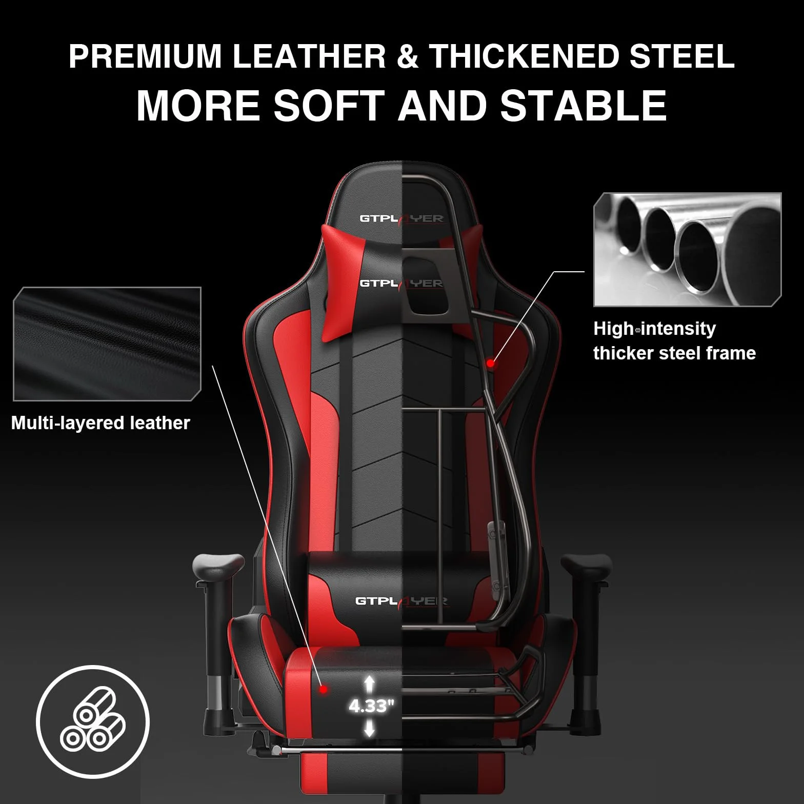 GTPLAYER Silla Gaming con Altavoz Bluetooth Reposapies Escritorio Oficina Gamer Ergonomica con Cojín Reposabrazos 3D Ajustables Respaldo Reclinable Multifuncional Rojo