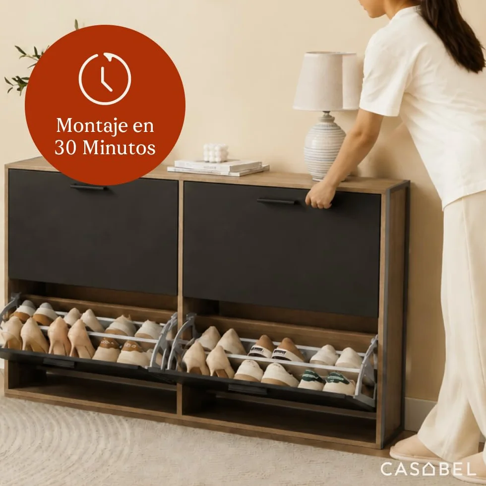 CASABEL Zapatero 4 Abatibles, Mueble Zapatero Entrada Negro & Madera, Diseño Moderno, Gran Capacidad 24 Pares, Mueble de Almacenaje para Pasillo, Entrada, Salón, L114xF24xH83 cm