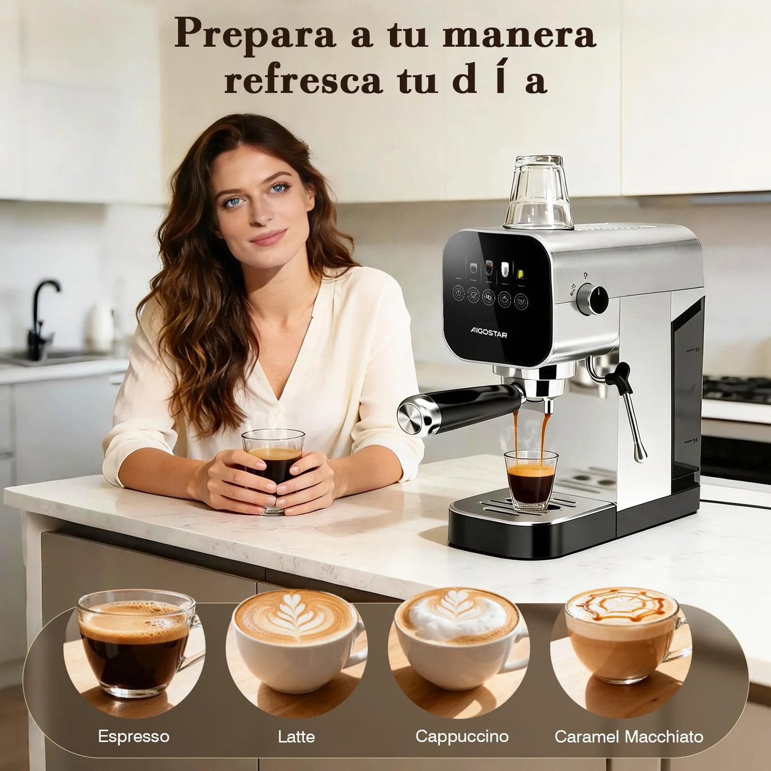 Aigostar Barista - Cafetera Espresso y Capuccino, Compatible con cápsulas y café molido, 20 Bares, Panel Táctil Digital, 1 o 2 tazas, Máquina de café con espumador de leche, 0.9L, 1350W, Inox