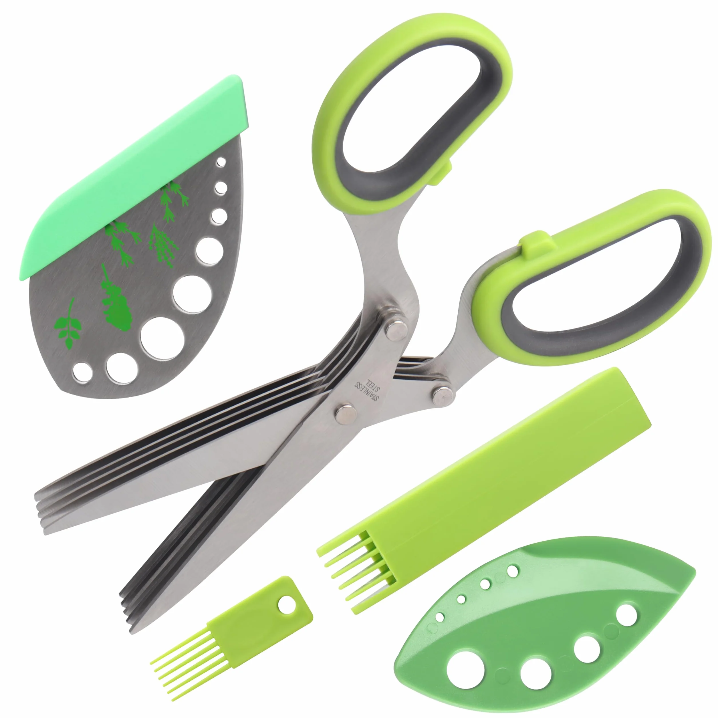 LUVCOSY Juego de 3 tijeras para hierbas, 5 cuchillas con pelador de hierbas, 2 paquetes de herramientas para pelar hierbas con cubierta segura, utensilios de cocina geniales para cortar hierbas
