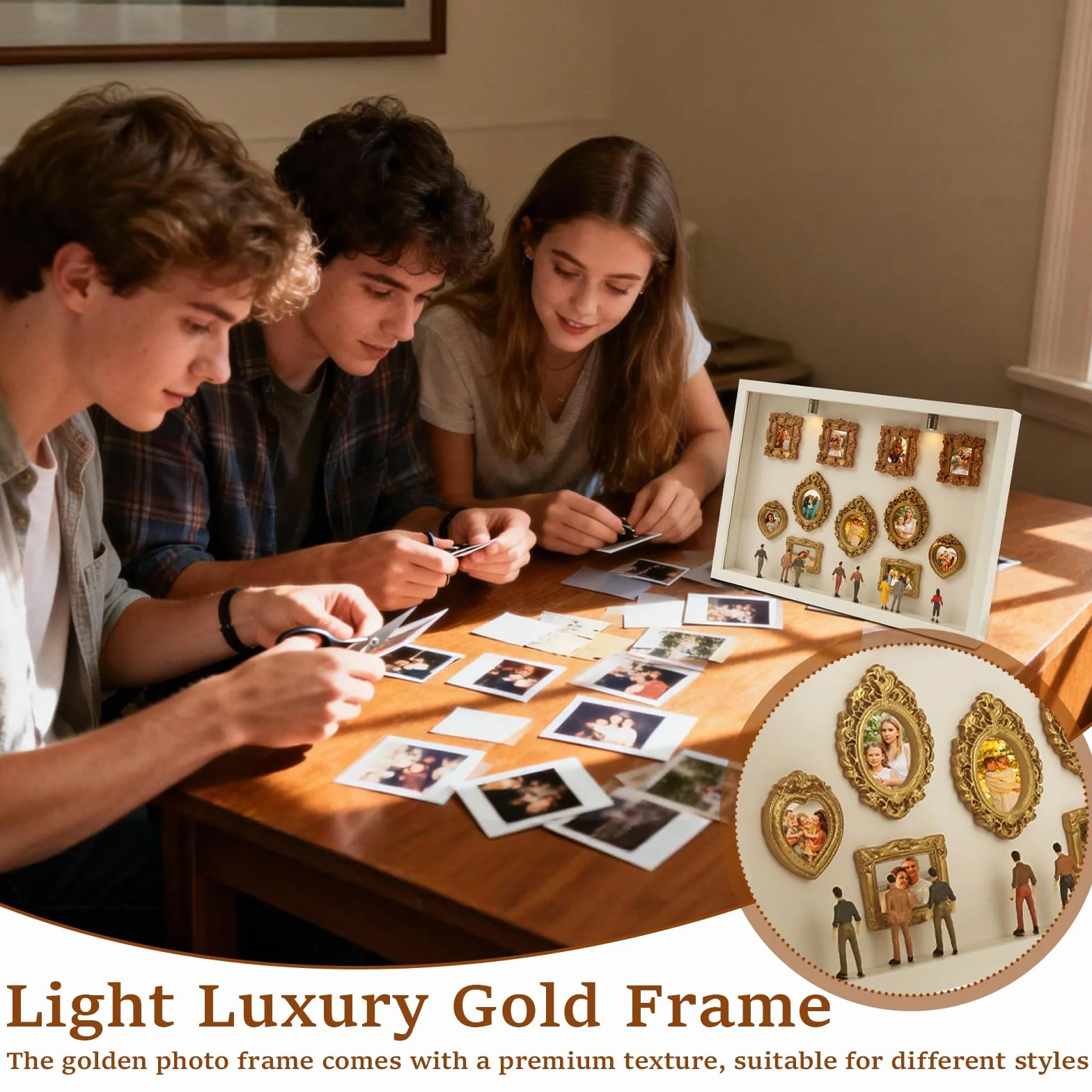 DIY Mini Museum Silhouette Box,Museum of Us DIY,Shadow Box,Miniatur Bilderrahmen,Foto Erinneranzeige Set mit 8/11 Mini Bilderrahmen Gold,8 Zufällig Figuren und 2 Lampen,für Jubiläg,Geschenk