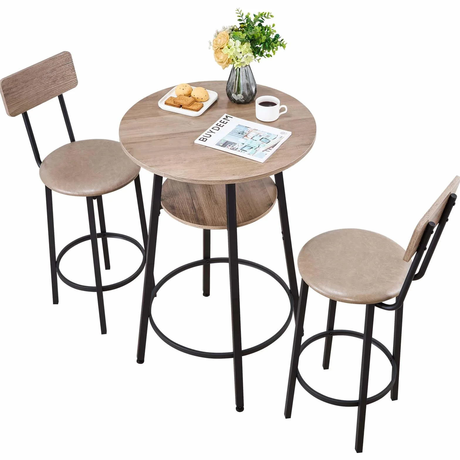 VEVOR Mesa de Bar Redonda con 2 Taburetes 60 x 60 x 91,5 cm, Juego de Mesa Alta para Comedor, Metálica Fuerte Duradera, Estilo Industrial Moderno, para Cocina Salón Bar Estrecho Barra Alta Desayuno