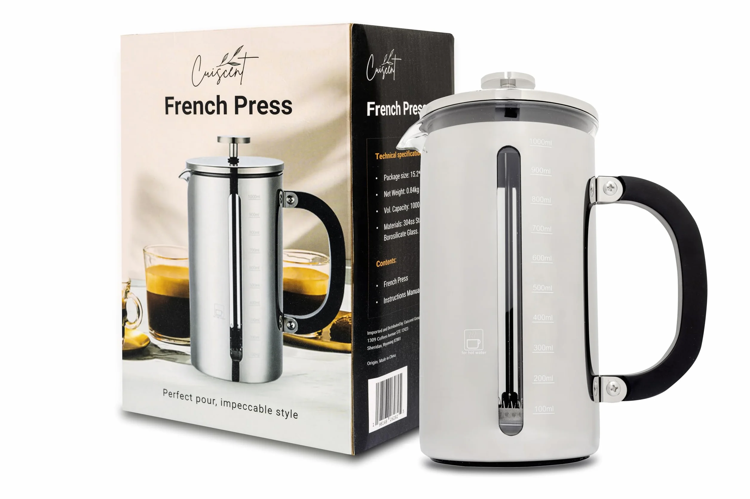 Prensa francesa de vidrio de borosilicato con acero inoxidable 304, capacidad de 1000 ml, elegancia clásica y diseño moderno para los entusiastas del café