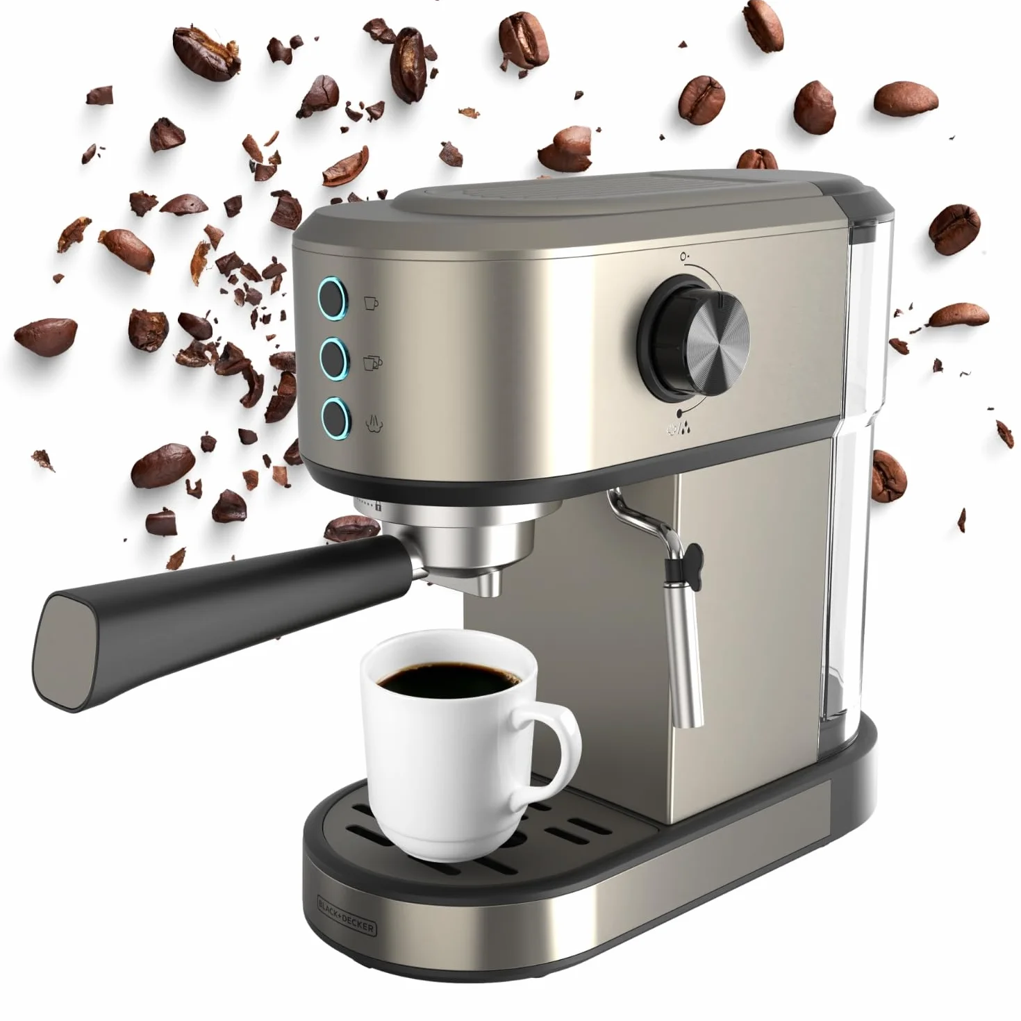 Black+Decker - Máquina de Espresso BXCO1350E | 1350W | 20 Bares | Sistema Thermoblock | Filtros 1 y 2 Tazas | Lanza de Vapor Orientable | Depósito Extraíble 1L | Calienta-Tazas y Bandeja Recogegotas