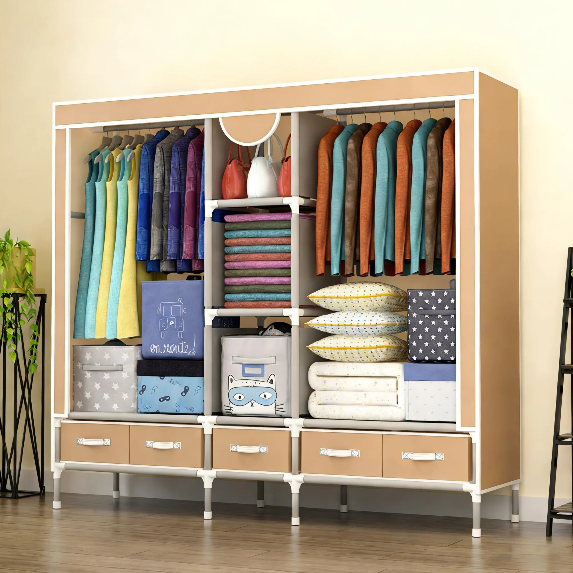 Armario de Tela Portátil, Organizador de Ropa con Barra para Colgar, 5 Cajones de Tela, Compartimentos para Zapatos, Plegable, 185x45x170CM, Marrón Claro