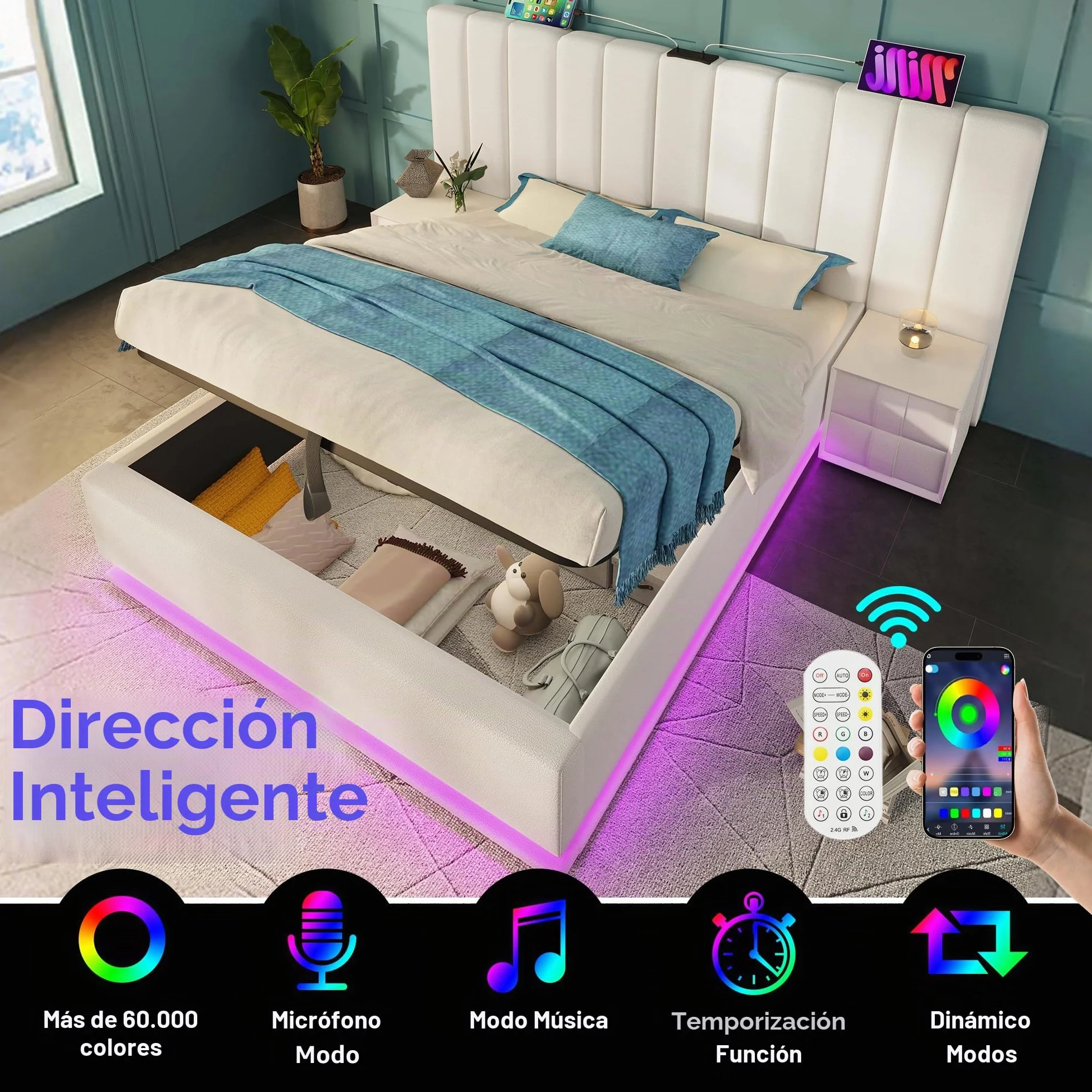 Moimhear Cama tapizada, cama doble con almacenamiento con control LED por app y función de carga USB-C, lino, sin colchón ni mesita de noche (blanco, 160 x 200 cm)