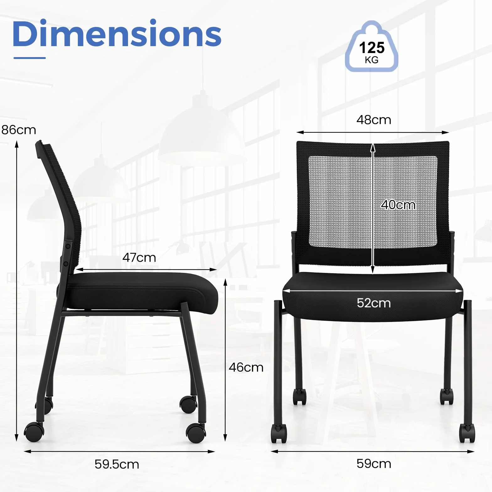 HOMASIS Juego de 2 sillas de Conferencia con Ruedas, Silla de Visita apilable con Rejilla, Silla de Oficina ergonómica con Respaldo, Silla apilable para Oficina, Conferencia, Negro (Sin reposabrazos)