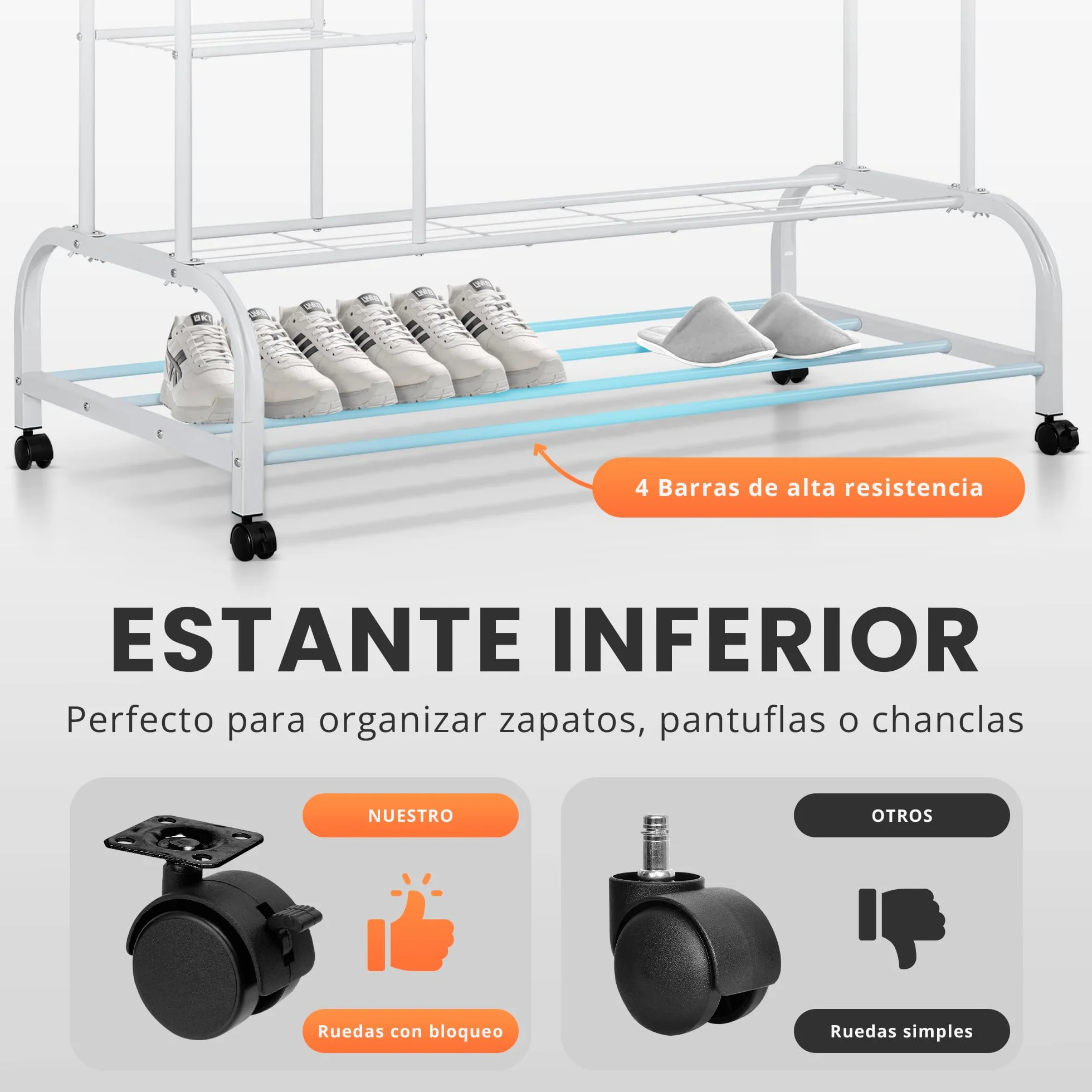 JUPPLIES Burro Ropa Resistente Perchero Doble con Soporte Ruedas Estantes Blanco