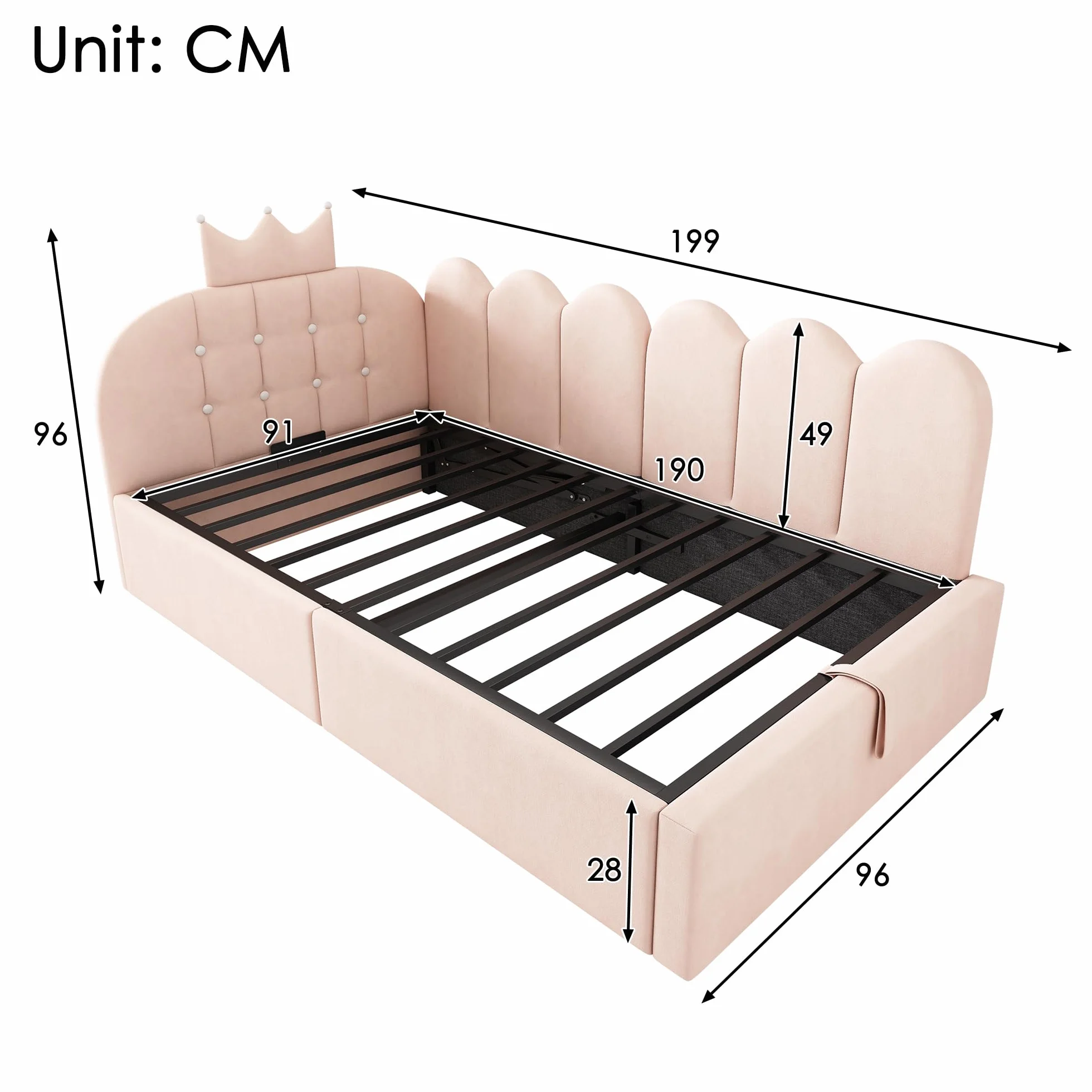 Mrwoo Cama día 90x190 cm con Almacenamiento Hidráulico, Sofá Cama con Diseño de Corona y Rejilla, Cama Infantil, Terciopelo, Rosa(Sin Colchón)