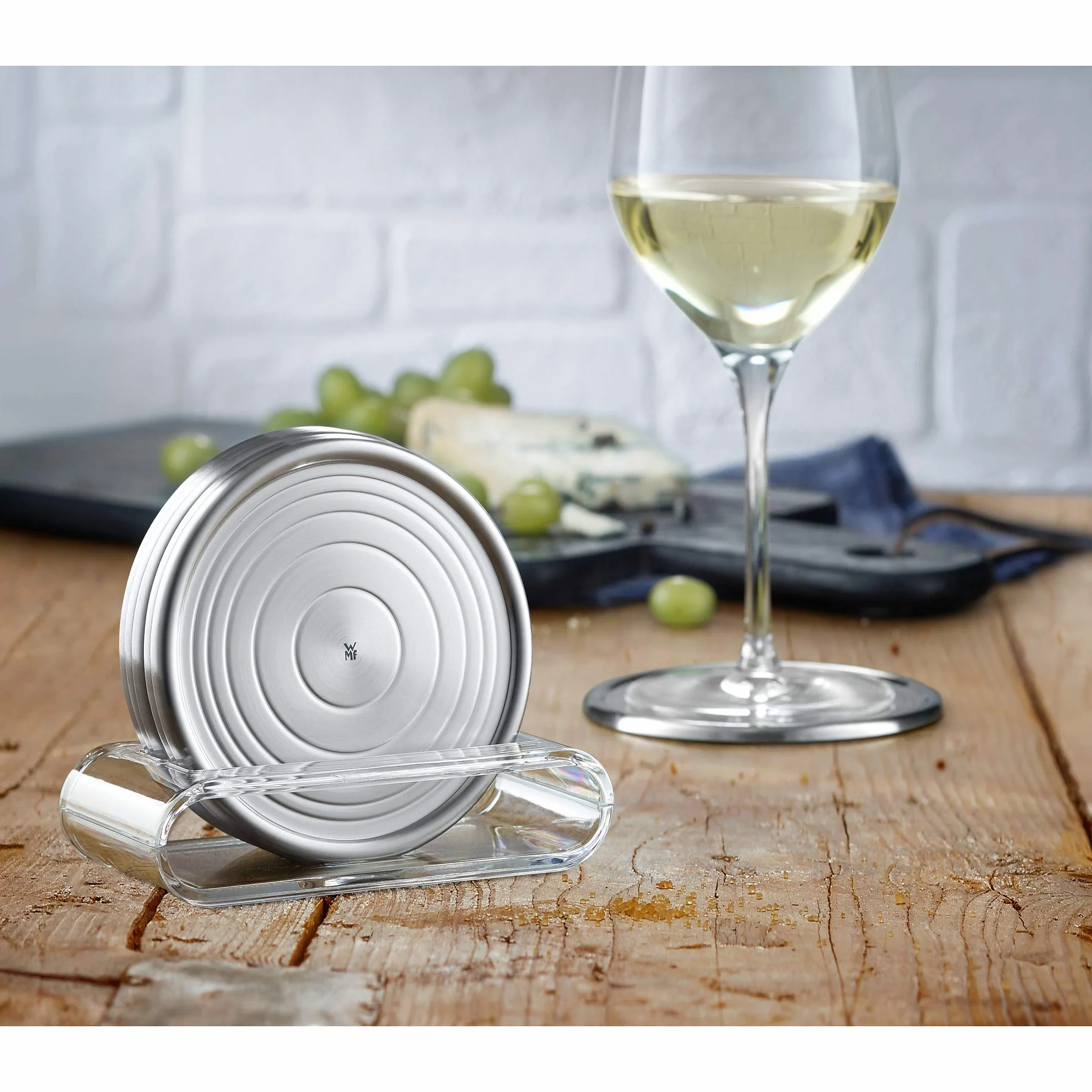 WMF Loft- Juego 6 Posavasos Mate 9,5cm Ø con Soporte, Acero Inoxidable Cromargan, Apto para Lavavajillas
