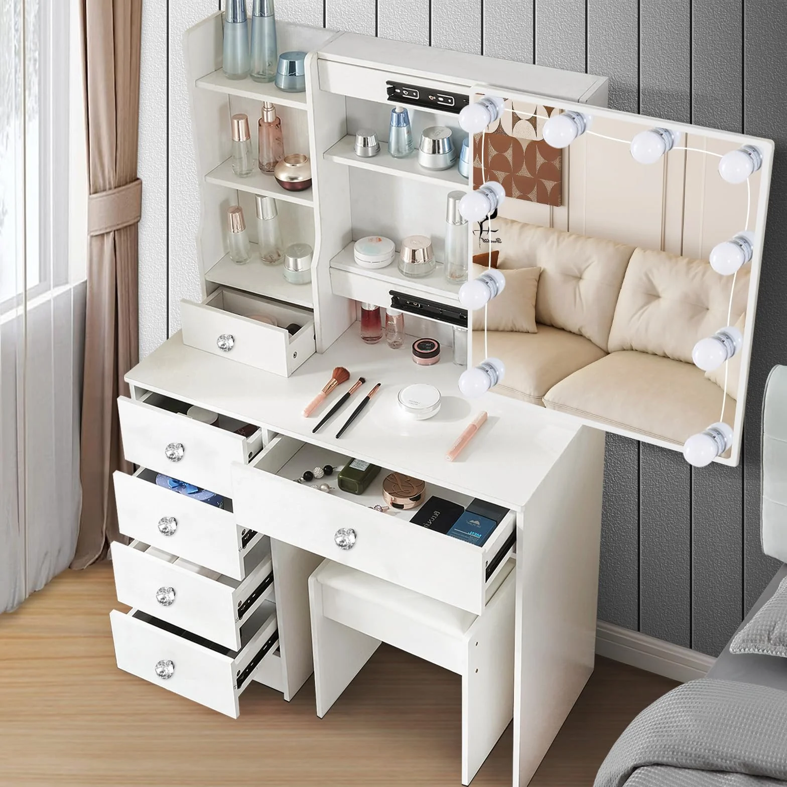 Tocador con Hollywood LED y Espejo, Mesa de Maquillaje con 5 Cajones Grandes y 1 Taburete, 3 Temperaturas de Color y Brillo Ajustable, Blanco, 131x80x36 cm